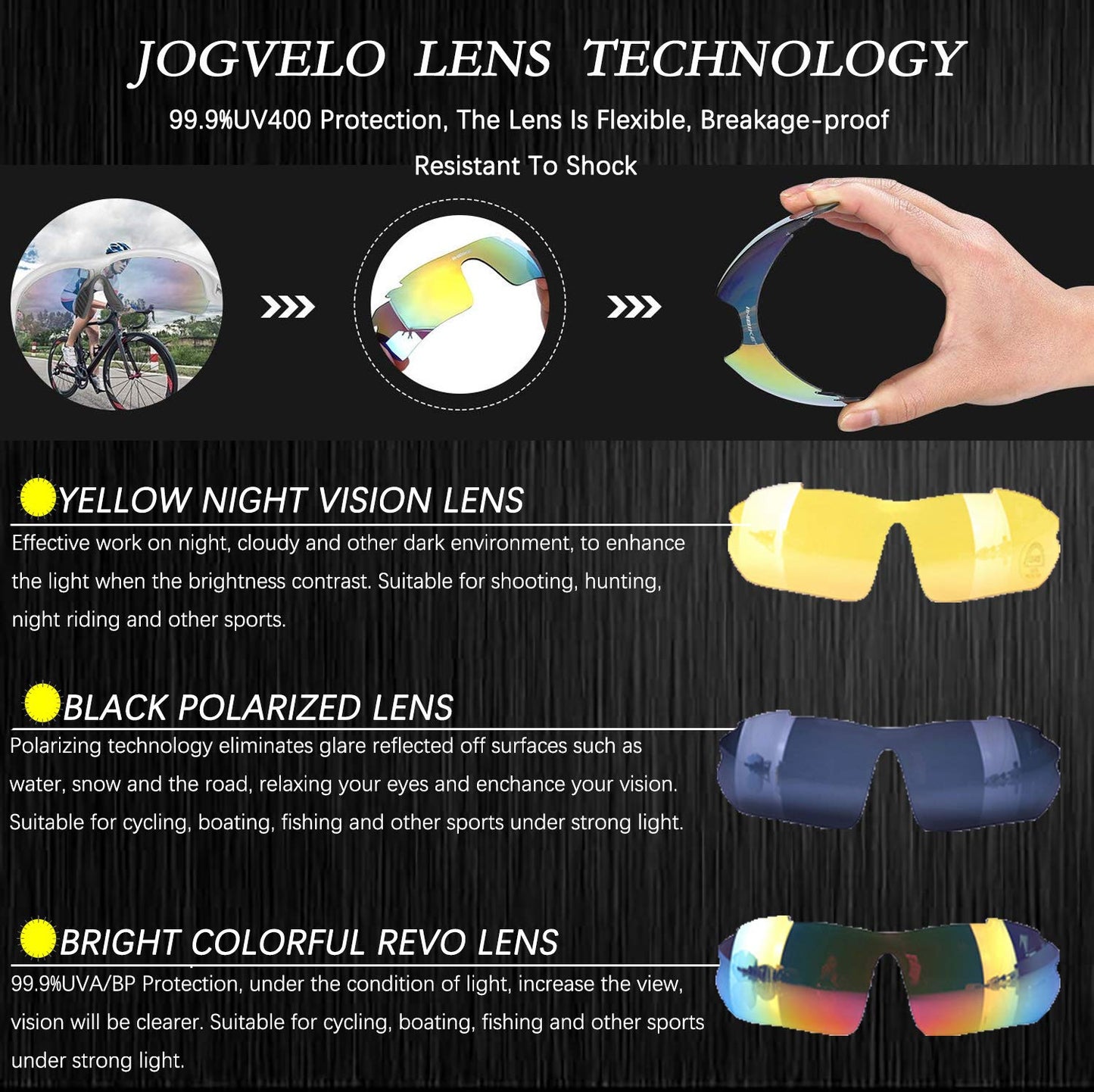JOGVELO Polarisierte Sonnenbrille, Fahrradbrille Herren Damen mit 3 Wechselgläsern Sportbrillen Radbrille für Radfahren Laufen Angeln