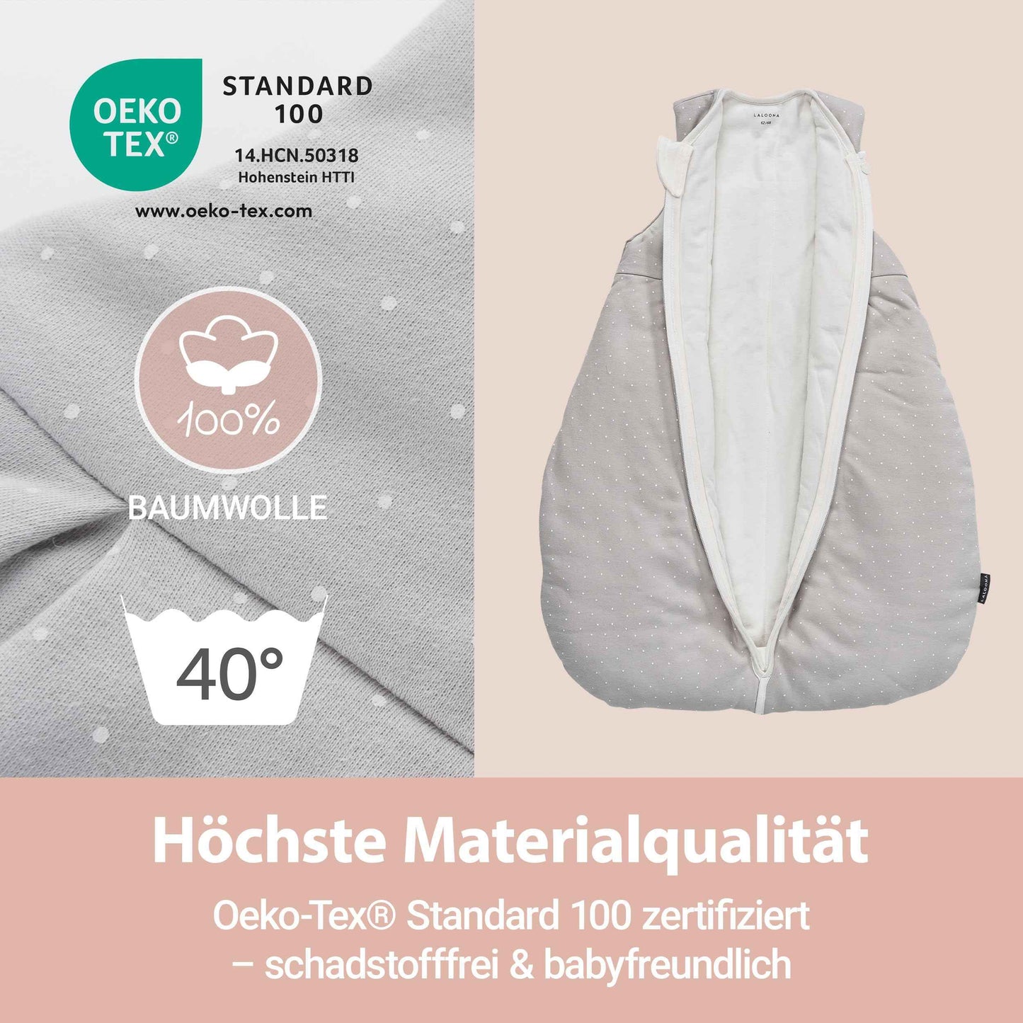 LaLoona Baby Sleeping Bag, Sleeveless, All-Year Baby Sleeping Bag (TOG 3.0) for Autumn, Winter and Transition, 100% Cotton, Oeko-Tex Standard 100 & EN 16781 Tested, Dots Beige