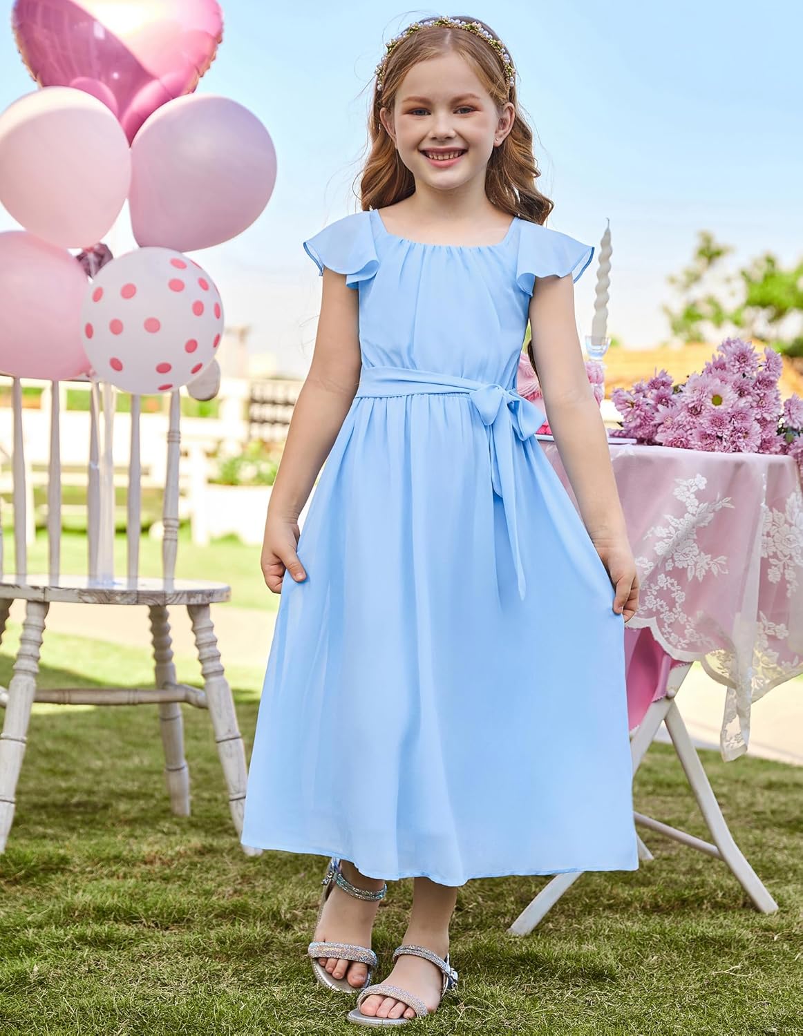 GRACE KARIN Girls Summer Dress Elegant Chiffon Princess Long Dress Wedding Guest Evening Dress for Teenage Girls 5-14 Years