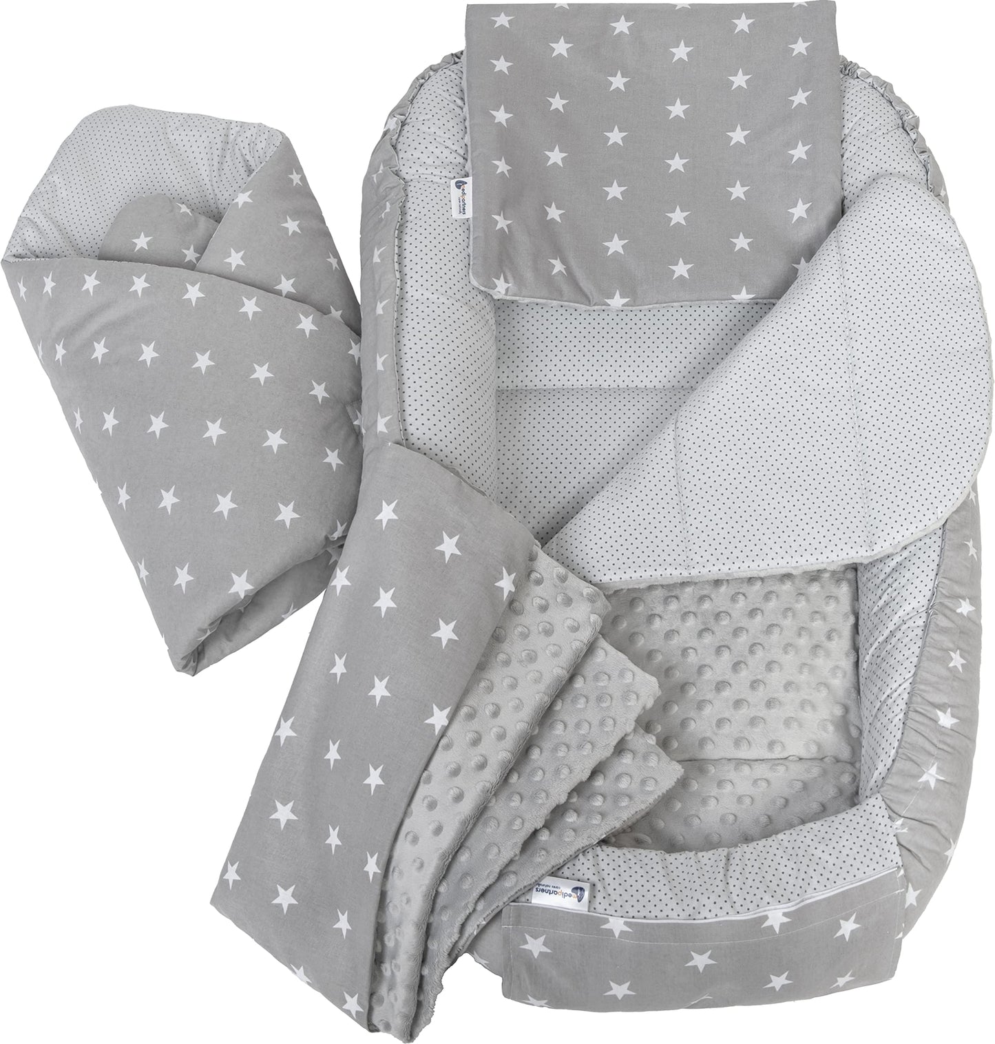 Medi Partners Babynestchen Babynest Set 100x60x15 Kuschelnest 5 teilig herausnehmbarer Einsatz Kokon Nestchen Babys Neugeborene 100% Baumwolle (REH mit Grauem Minky) - Meloni2