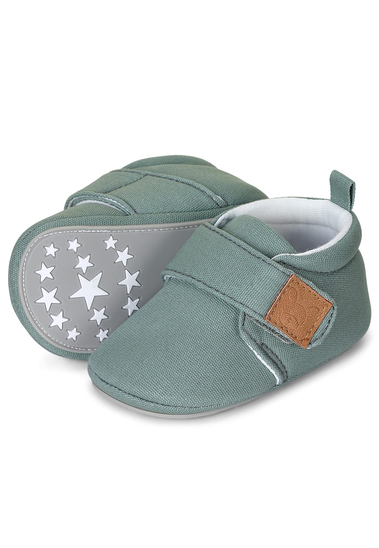 Sterntaler Krabbelschuhe uni - Baby Schuhe aus Canvas mit Klettverschluss - Baby und Kleinkind Hausschuh - aufgenähte Sternen Sohle rutschfest - Unisex Sneaker mit Jersey Futter - steingrün