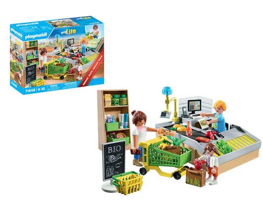 PLAYMOBIL MyLife Promo Pack 71648 Bio-Supermarkt, inklusive Kasse mit Warenlaufband, Einkaufswagen und DREI Figuren, detailreiches Spielzeug für Kinder ab 4 Jahren