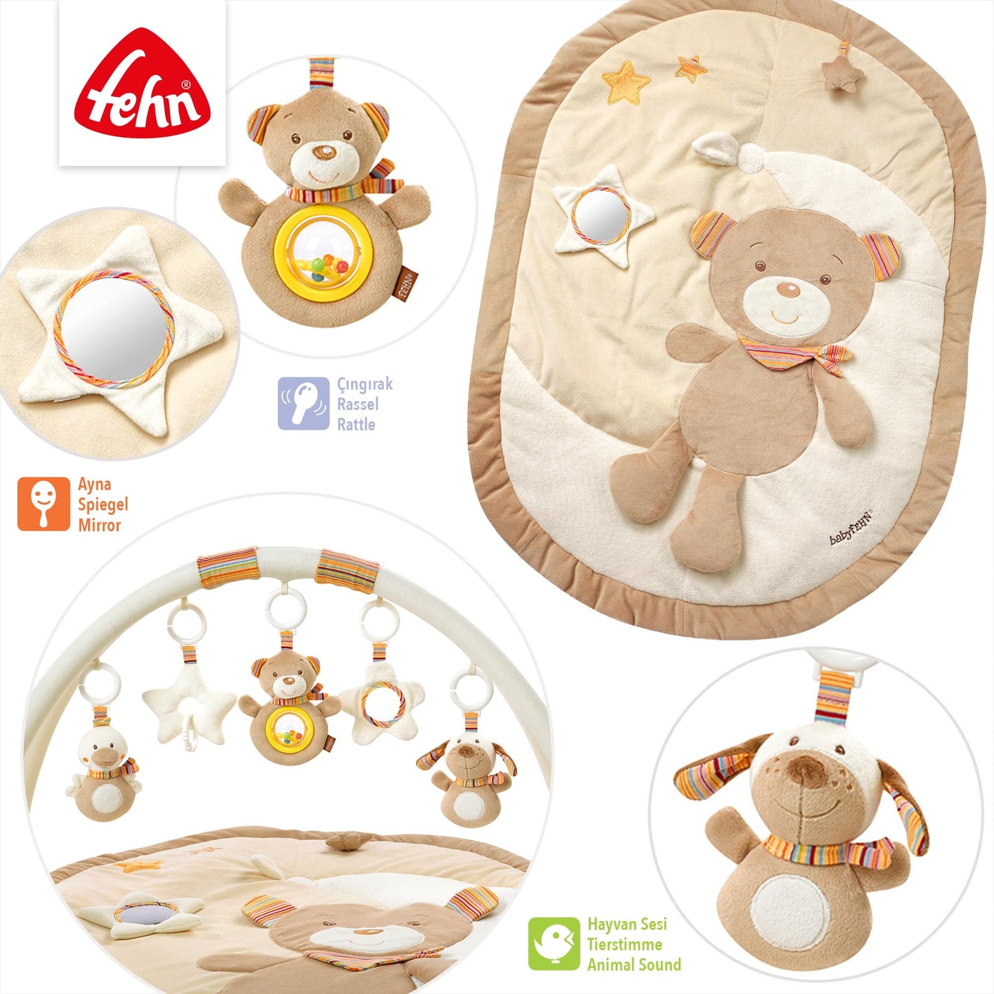 Fehn 3-D-Activity-Decke Spielbogen Peru – Baby Krabbeldecke mit 5 abnehmbaren Spielzeugen zum Greifen – Spieldecke für Babys und Kinder ab 0+ Monaten – Krabbelmatte als Geschenk zur Geburt