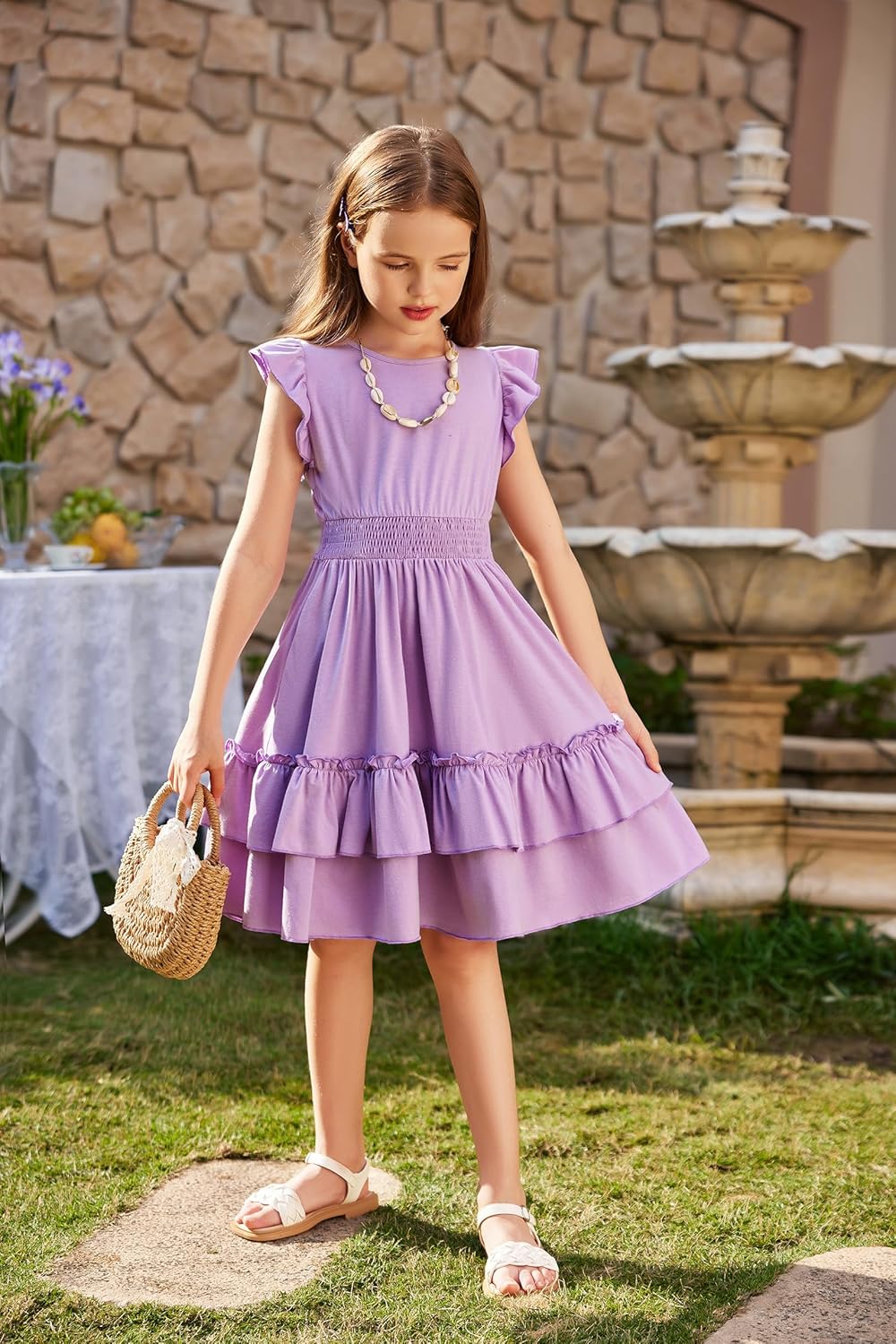Arshiner Girls Dresses Flutter Sleeves Kids Summer Cotton Formal Dress A-Line Waist Lace-up Casual Dress Swing Dress Elegant Sleeveless Dress for Girls 5-13 Years