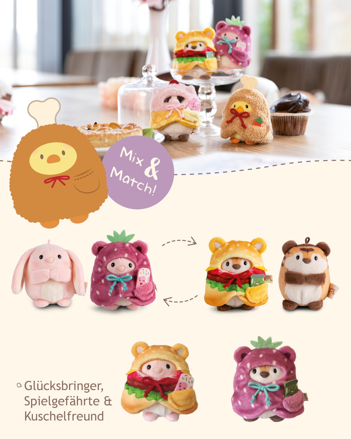 NICI Kuscheltier Küken Tschieps 8cm mit Chilisoße & Hähnchenkeulekostüm in Geschenkbox - gelb - Stofftier aus weichem Plüsch, Plüschtier zum Kuscheln und Spielen, für Kinder & Erwachsene - 61653