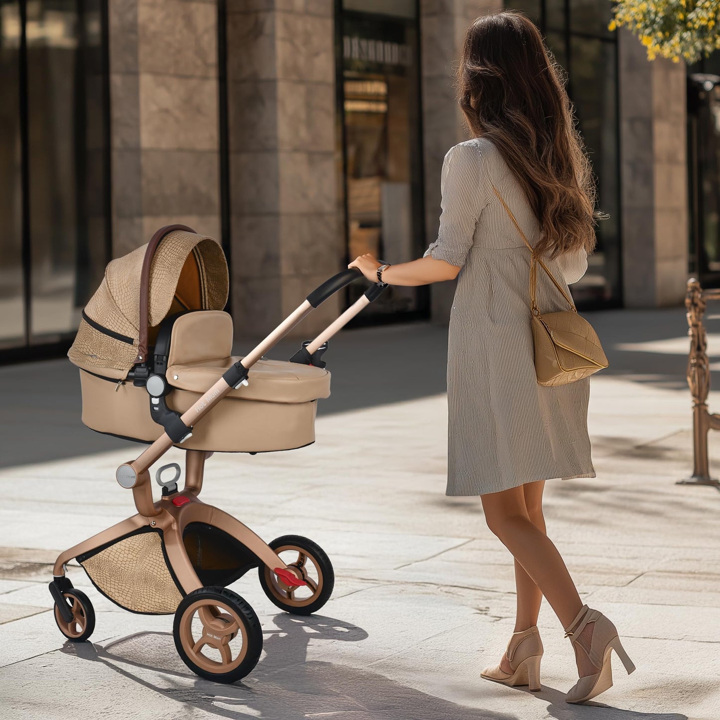 Hot Mom Kinderwagen 3in1 Set Klassik Kombikinderwagen, Modell F22 mit Alu-Rahmen/Vollgummireifen (Schwarz)