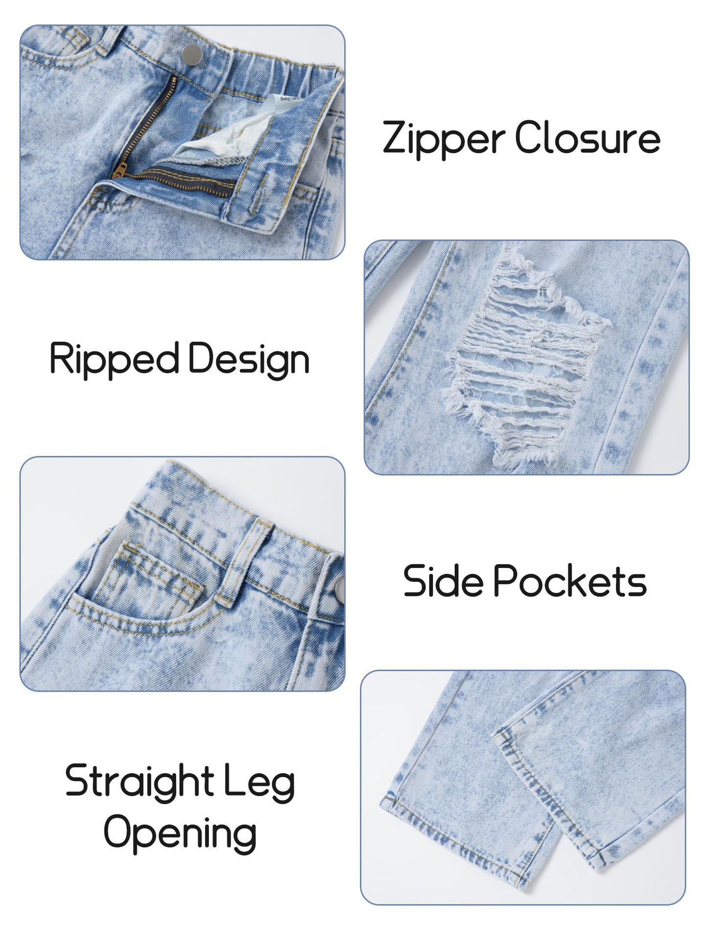 Happy Cherry Mädchen Jean Hosen Loch Wash Denim Blau Hose Kinder Elastische Taille Vintage Jeans Weites Bein Jeanshosen 130-160