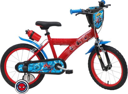 A.T.L.A.S. Jungen Kinderfahrrad Elo für Kinder, 16 Zoll Marvel, ausgestattet mit 2 Bremsen, dekorativer Frontplatte, hinterer Kanister und Spiderman-Helm, Rot wie abgebildet, 16'' - Meloni2