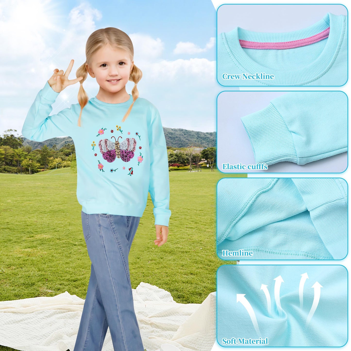 Baogaier Sweatshirt Mädchen Pullover Baumwolle Leichtgewicht Casual Sport Langarmshirt Pailletten Pelzig Tierdruck Kinder Kleidung Langarm Rundhalsausschnitt Tops 2-7 Jahre, Gr.92-122