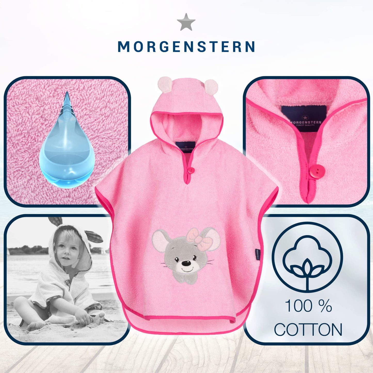Morgenstern Bath Poncho Children's Baby Girls Boys 100% Cotton Oeko-Tex Baby Bath Towel Hooded Towel Bathrobe Terry Cloth