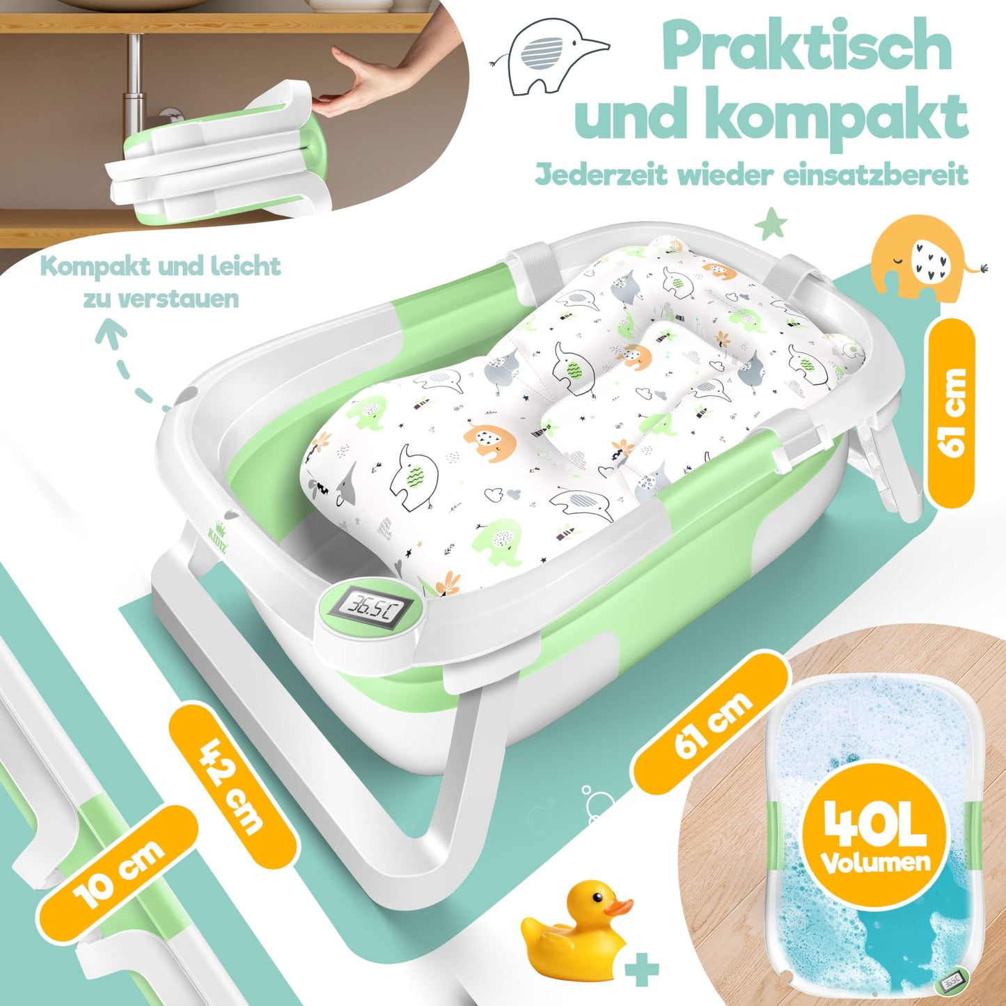 KIDIZ® Baby Bathtub, Baby Bathtub, Space-Saving & Foldable, Bath Tub, Shower Tray for Newborns, Toddlers, 0-24 Months, Portable Travel Shower for Babies, Ergonomic Bathtub with Thermostat and