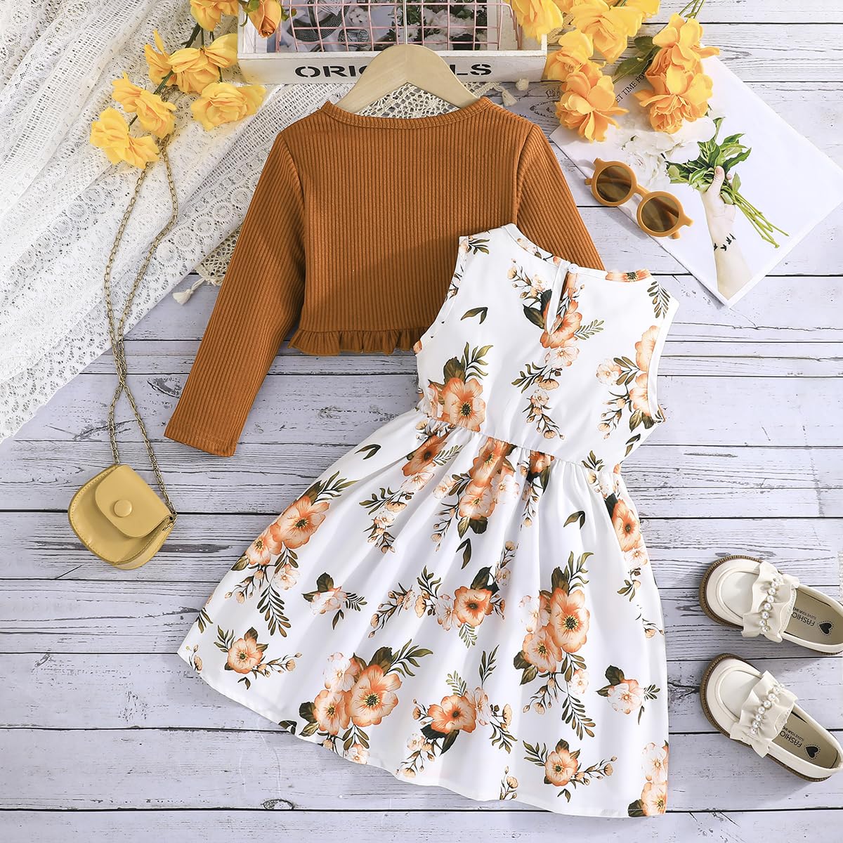 Yanmucy Kleine Mädchen Kleider mit Strickjacke Sets Baby Mädchen Kleider Kleinkind Kinder Langarm Ruffle Mantel Mädchen Kleidung für 2-8 Jahre