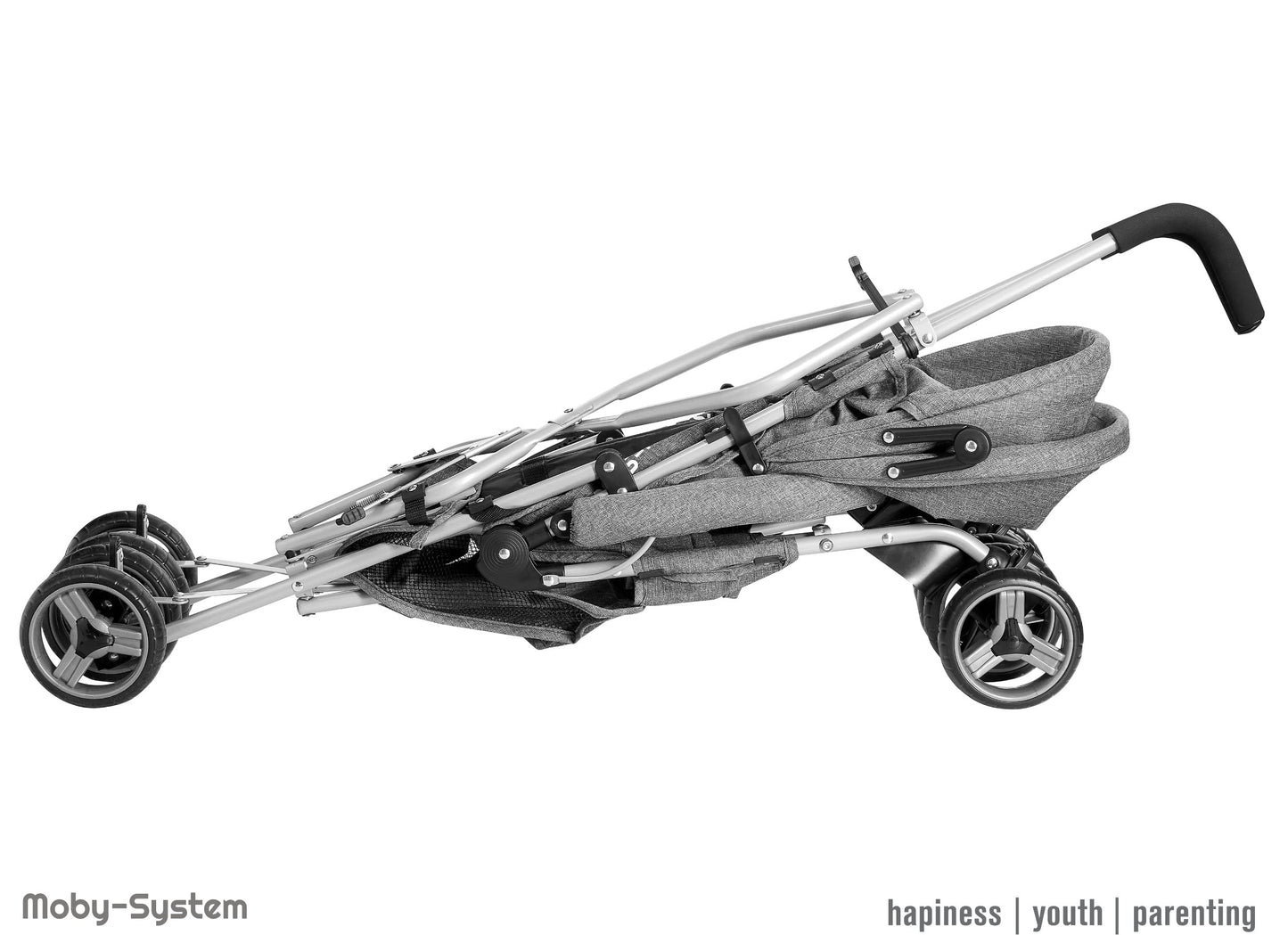 Moby-System, Buggy, superleicht und kompakt, bis 14 kg, verstellbare Rückenlehne, Doppelräder, schwenkbare Schaumstoffräder, faltbar, mit Sonnendach – idealer Kinderwagen für Spaziergänge, grau