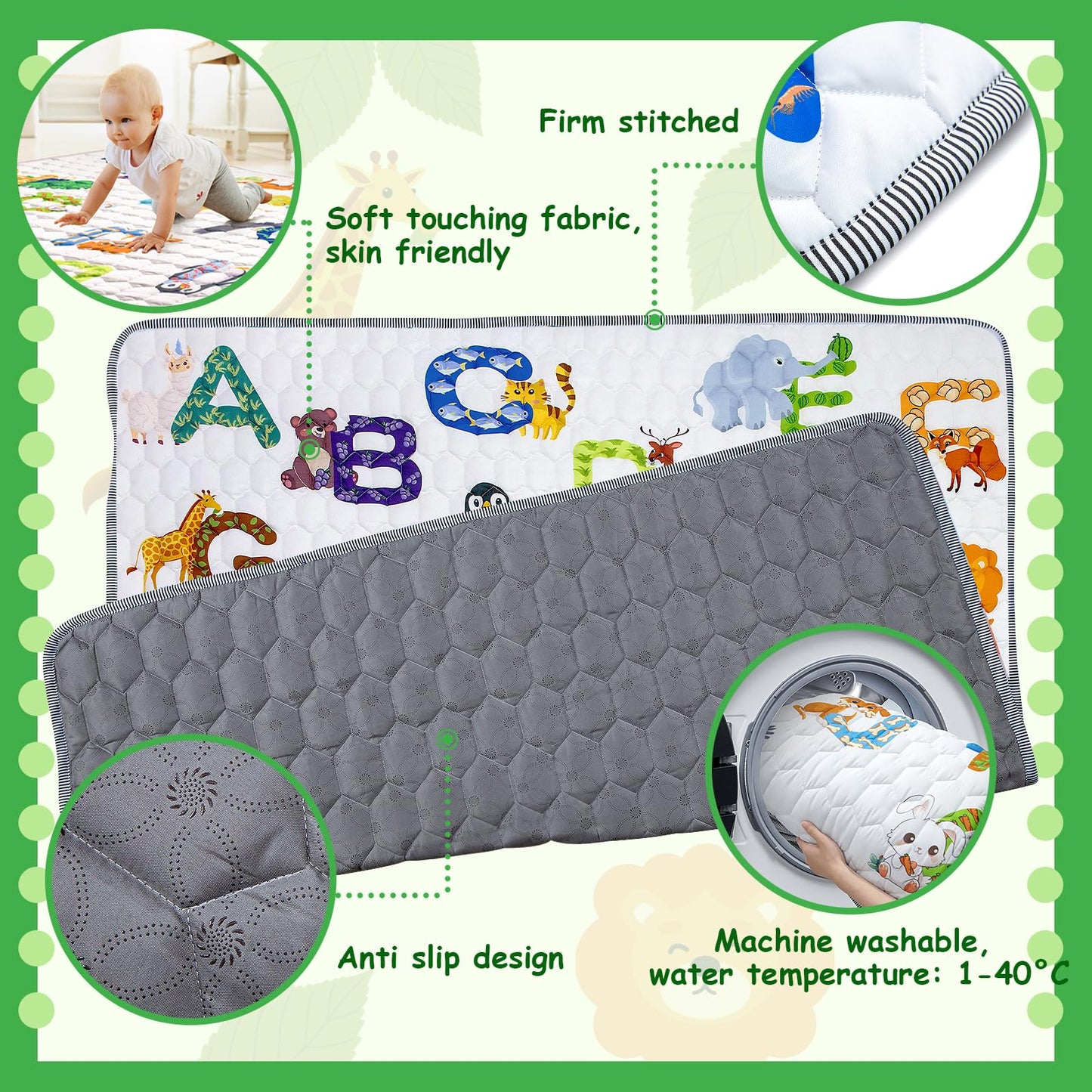 Funsland Krabbelteppich für Baby, Rutschfeste Baby Spielmatte Schadstofffrei 127x127cm, Baumwolle Tier Krabbelmatte Baby Faltbar mit Einem Höhenlineal, Kinder Spielmatte für Innen/Außen/Zaun
