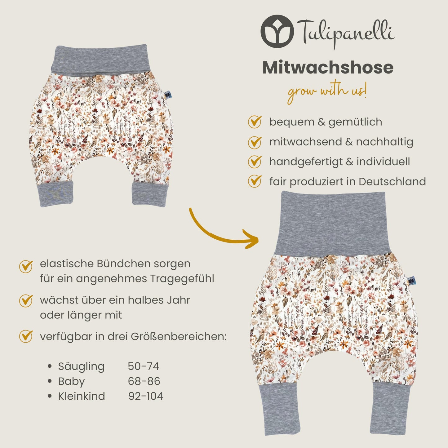 Baby Baggy Trousers, Girls' Handmade Cotton Jersey Grow Trousers, Sizes 50-74, 68-86, 92-104 (Wild Flowers, 50-74)