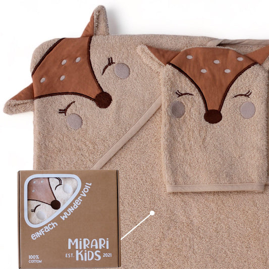 MIRARI Kids Babyhandtuch mit Kapuze und Waschlappen 100x100 cm – Handtuch Rentier aus 100% Baumwolle - REH Badetuch mit Kapuze - Geschenk Geburt - Baby Erstausstattung Neugeborenen Set