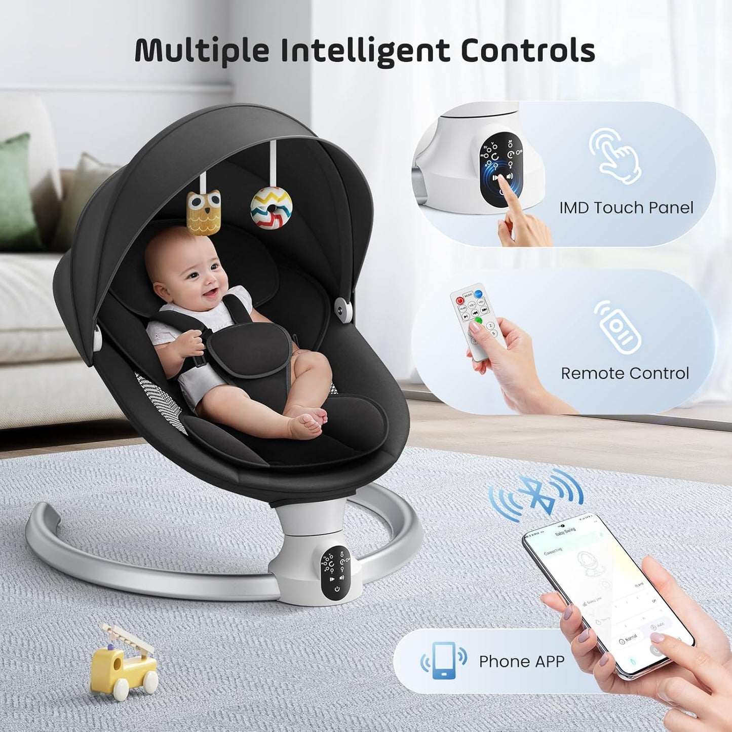 BlundiQue Babywippe Elektrisch mit Mobile App Steuerung und Fernbedienung,Elektrischer Babyschaukel Stuhl mit 5-Schwing Amplituden 3-Stufen Timer Elektrischer Prahler für Baby (schwarz)