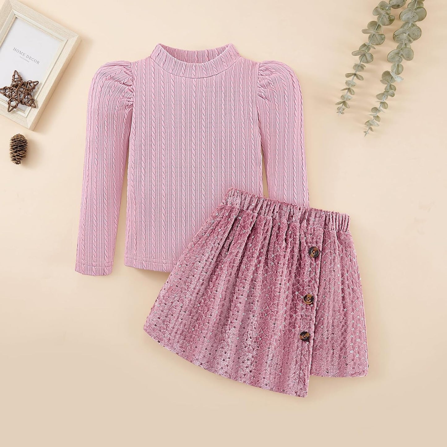 Bkixhv Baby Girls Clothes, Toddler Girls Skirt Set, Autumn Outfits, Long Puff Sleeves, Tops and Sequin Mini Skirt