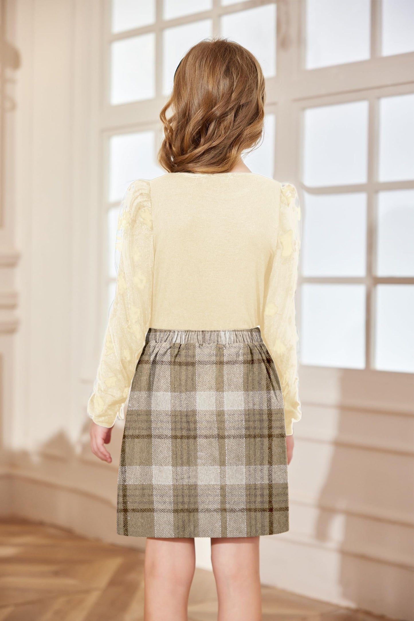 Arshiner Girls' Clothing Sets Elegant Long Sleeve Shirt with Skirt Set Children's Autumn Winter Outfit Checked Leisure Fashion Two Piece Clothing Sets for Girls 5-13 Years