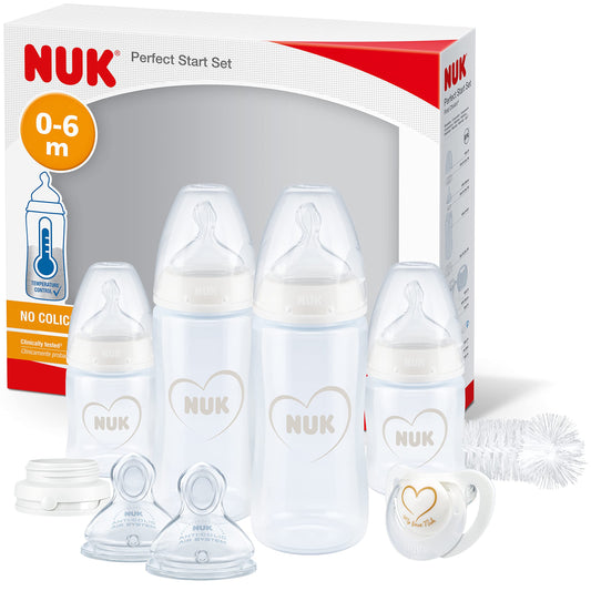 NUK Perfect Match Perfect Start Babyflaschenset | Ab 0 Monate | Passt sich dem Baby an | 4 Anti-Colic-Babyflaschen, Schnuller, Flaschenbürste und mehr | BPA-frei | 7 Stück