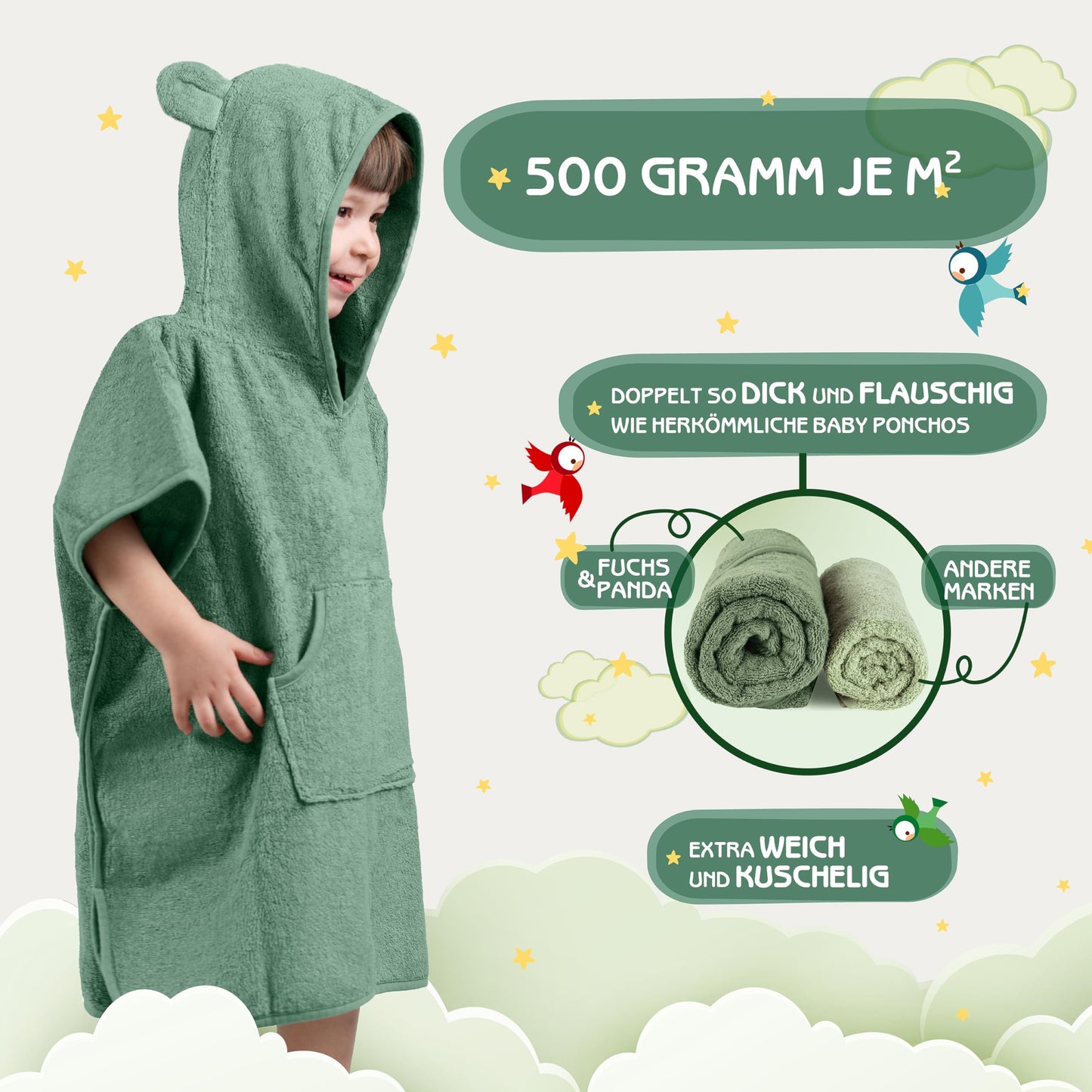 Fuchs&Panda® Badeponcho Kinder EXTRA warm, weich & kuschelig (100% Bambus) | Badeponcho Baby | Handtuch Poncho Kinder mit toller Geschenkverpackung (Kupfer-grün)