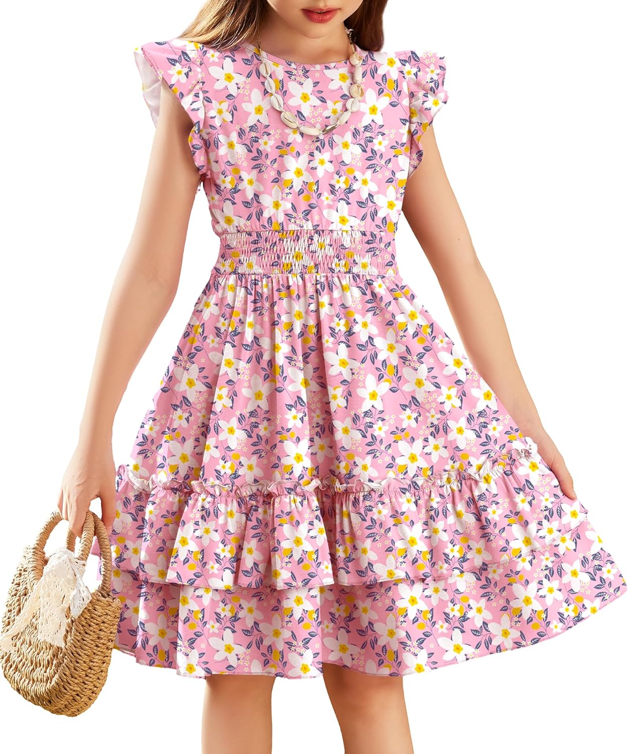 Arshiner Girls Dresses Flutter Sleeves Kids Summer Cotton Formal Dress A-Line Waist Lace-up Casual Dress Swing Dress Elegant Sleeveless Dress for Girls 5-13 Years
