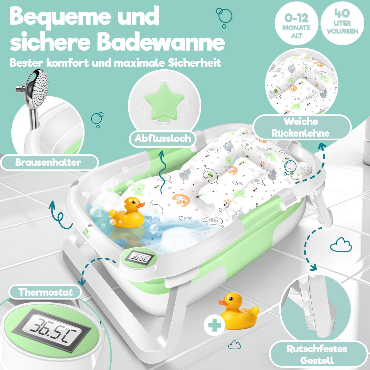 KIDIZ® Baby Bathtub, Baby Bathtub, Space-Saving & Foldable, Bath Tub, Shower Tray for Newborns, Toddlers, 0-24 Months, Portable Travel Shower for Babies, Ergonomic Bathtub with Thermostat and