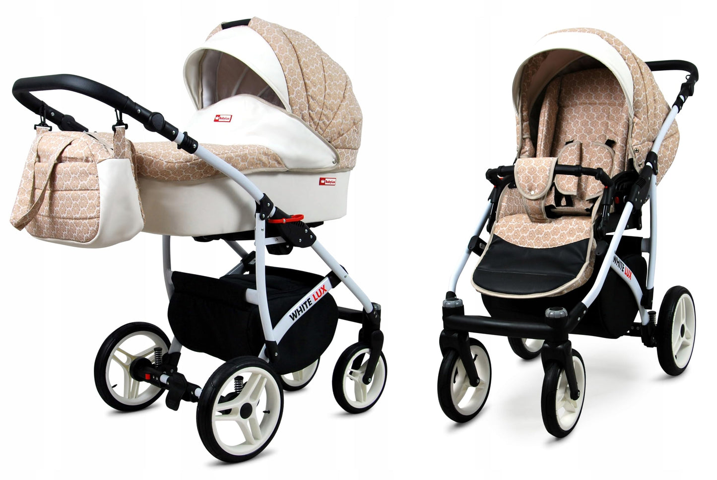 BabyLux® Bambimo Kinderwagen Set 3 in 1 - White Lux - incl. Babywanne, Buggy Sportsitz, Auto-Babyschale - Autositz - Kinderwagenset - Kombikinderwagen mit Wickeltasche, Regenschutz usw.