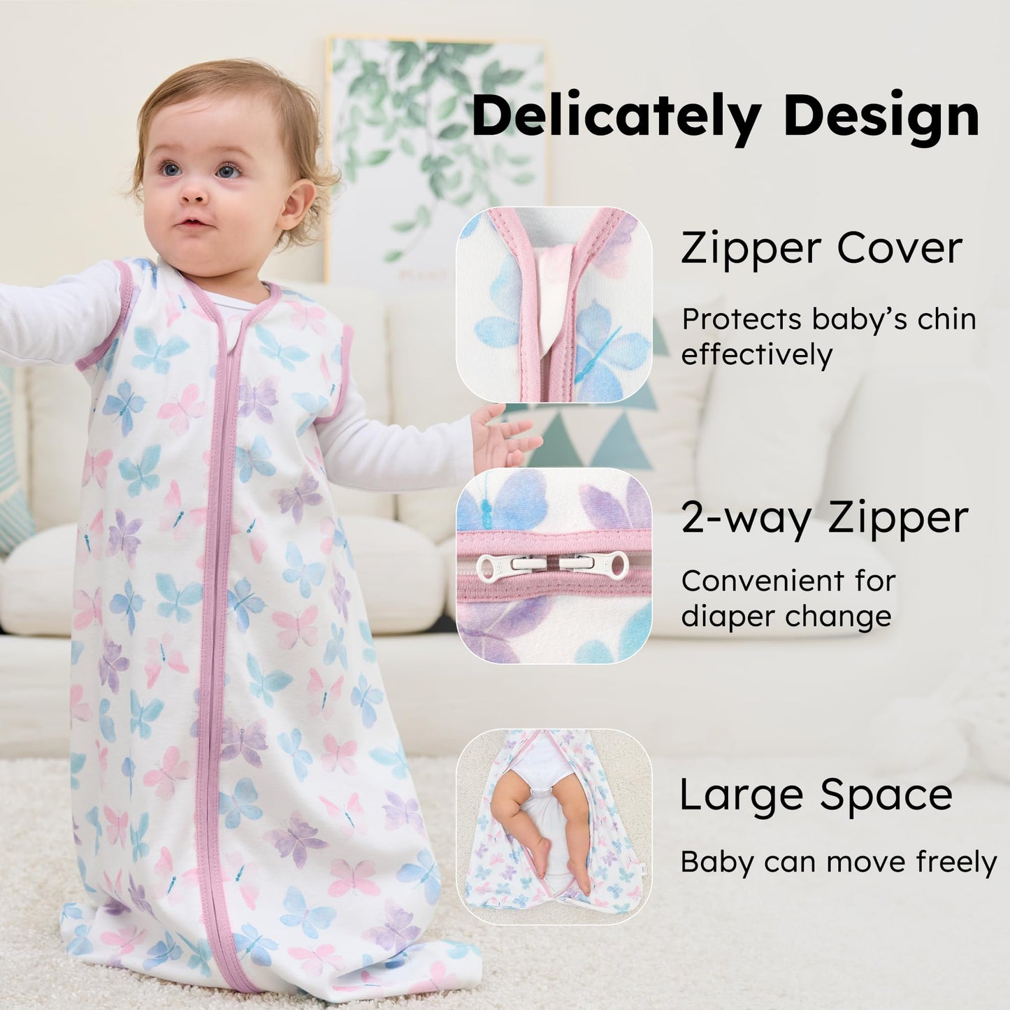 FIEMOL Baby Sleeping Bag 2.5 Tog 0-6 Months, Winter Cotton Newborn Baby Sleeping Bag, Wearable Blanket for Infants and Toddlers, 2-Way Zip Sleeping Bag, 67 cm, Rainbow