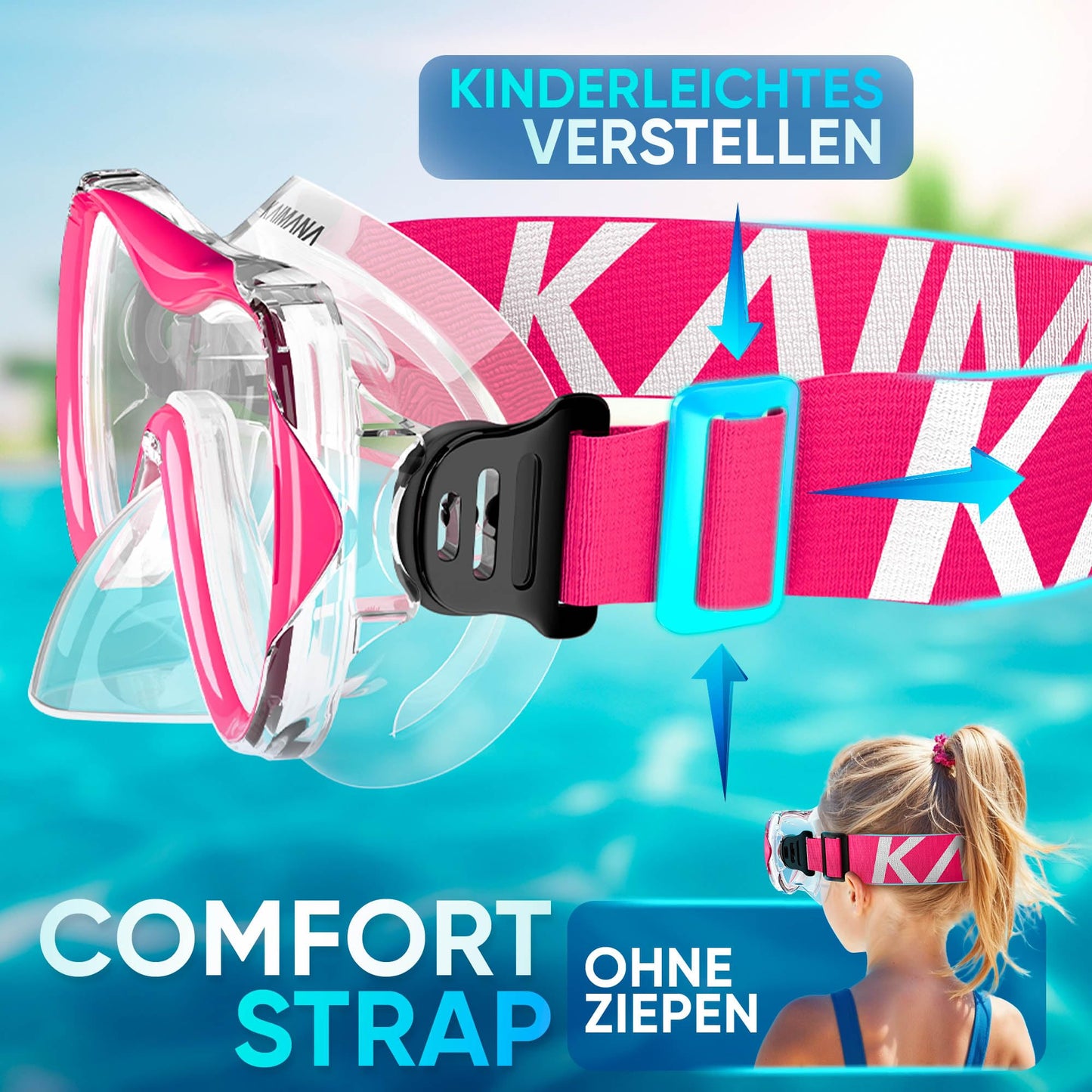 Das Neue KAIMANA® SeaExplorer Schnorchelset Kinder + Tragetasche, Taucherbrille mit Schnorchel, Taucherbrille Kinder, Alternative zur Schnorchelmaske Kinder, Taucherbrille mit Stoffband/Silikonband