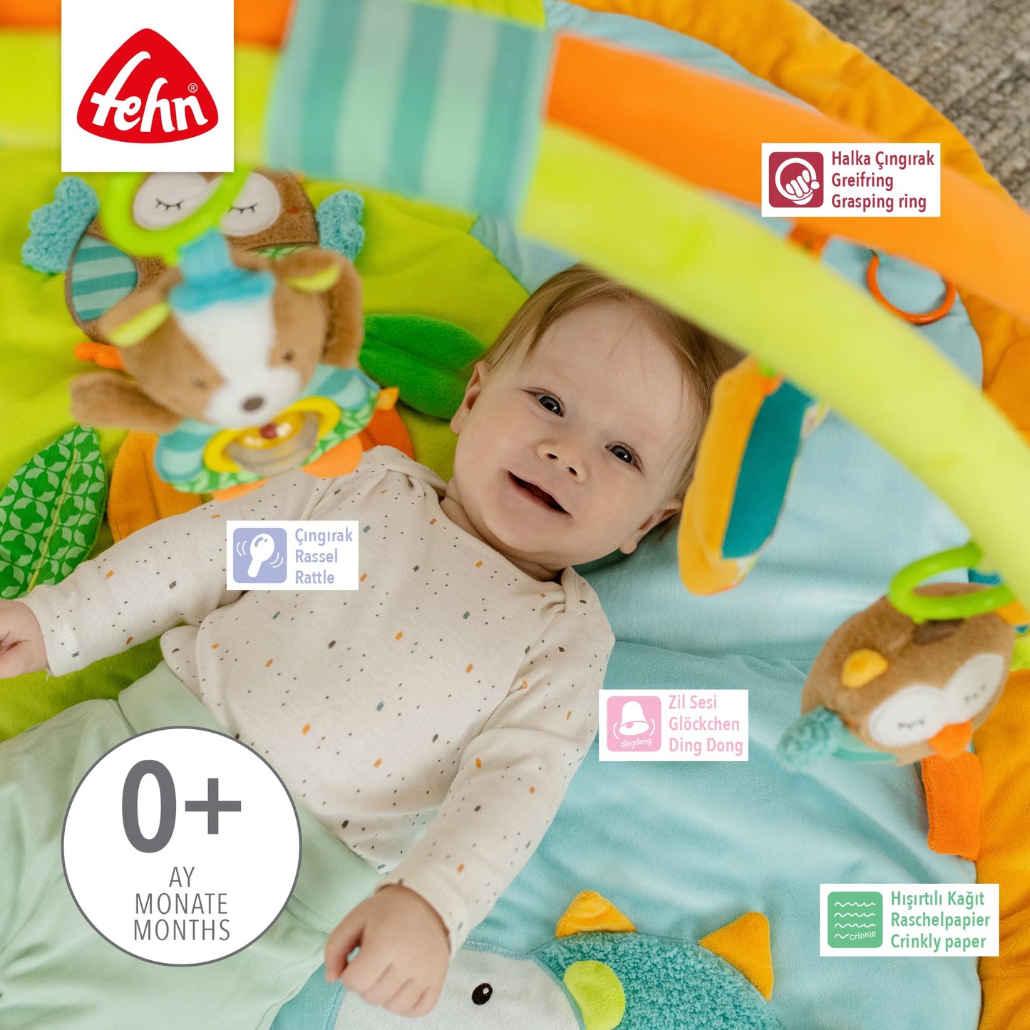 Fehn 3-D-Activity-Decke Spielbogen Peru – Baby Krabbeldecke mit 5 abnehmbaren Spielzeugen zum Greifen – Spieldecke für Babys und Kinder ab 0+ Monaten – Krabbelmatte als Geschenk zur Geburt