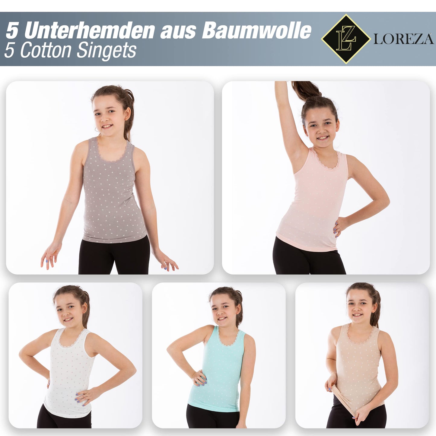 LOREZA ® 5 girls' cotton undershirts tank tops - sizes 92-170