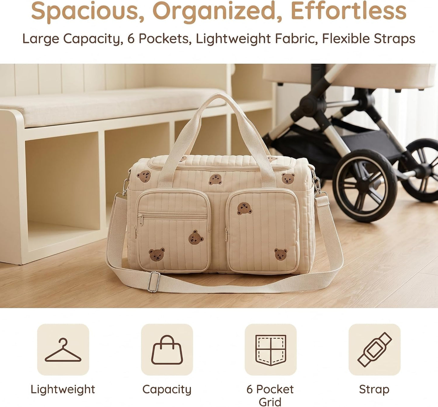 Baby Wickeltasche Große Kliniktasche 48x26x22cm Reisewindeltasche Tragetasche Baumwolle Henkeltaschen Mom Bag Diaper Bag Wickeltasche für Unterwegs, Geburt im Krankenhaus, Reisen, Kinderwagen