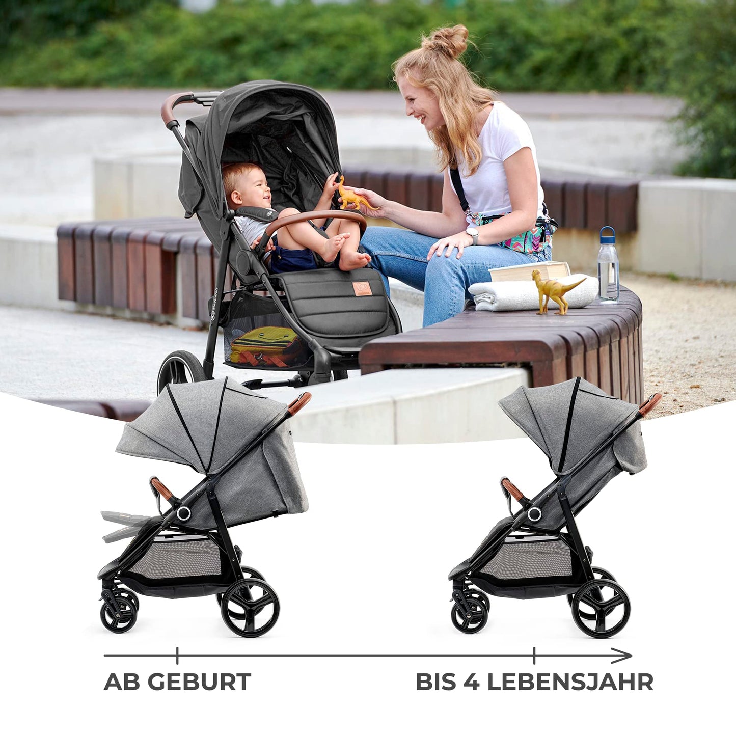 Kinderkraft GRANDE PLUS Kinderkraft Buggy von Geburt bis 22 kg, Zusammenklappen mit einer Hand, Liegeposition, großes Verdeck mit Fenster, alle 4 Räder gedämpft, geräumige Sitz, Grau - Meloni2
