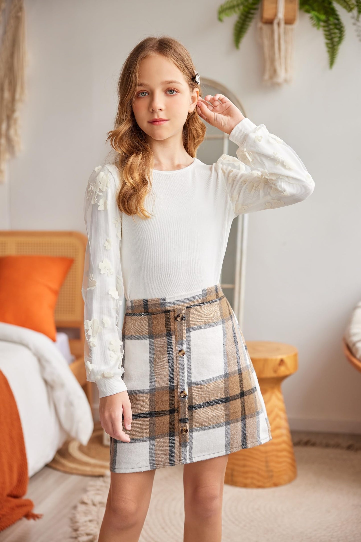 Arshiner Girls' Clothing Sets Elegant Long Sleeve Shirt with Skirt Set Children's Autumn Winter Outfit Checked Leisure Fashion Two Piece Clothing Sets for Girls 5-13 Years
