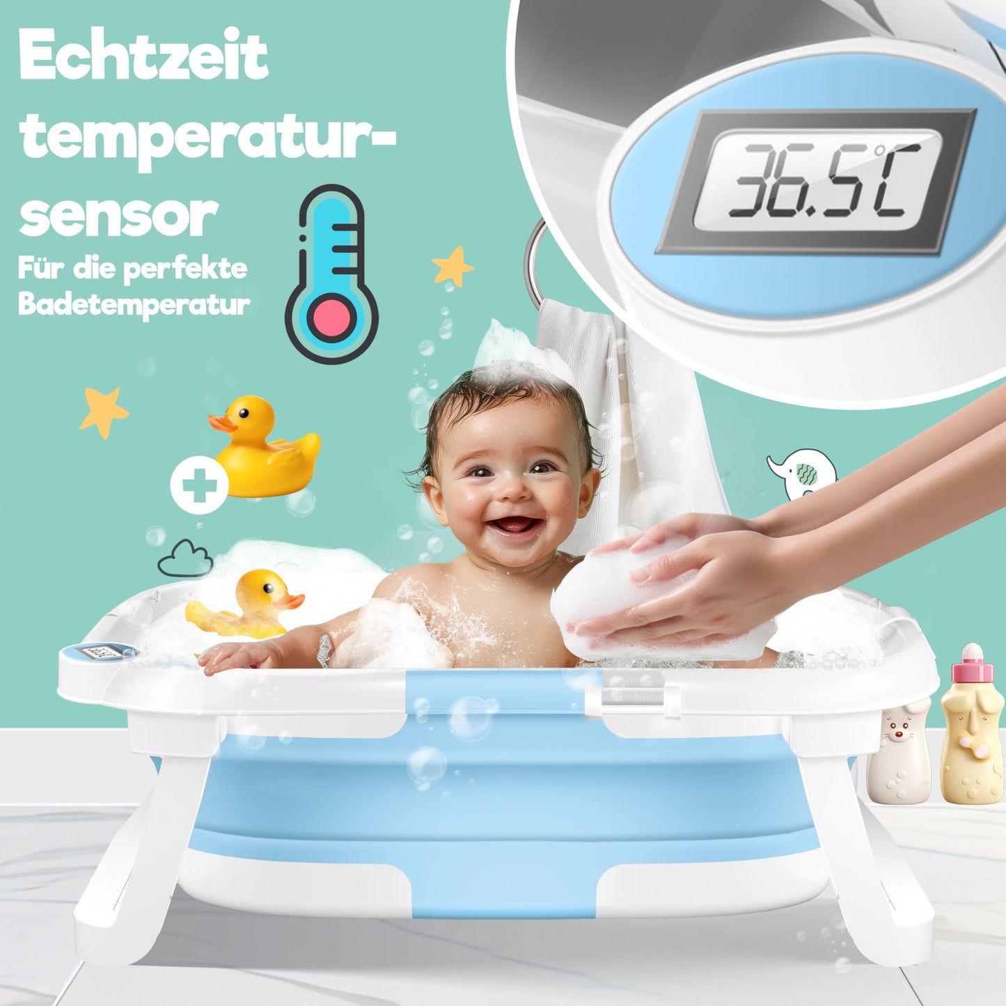 KIDIZ® Baby Bathtub, Baby Bathtub, Space-Saving & Foldable, Bath Tub, Shower Tray for Newborns, Toddlers, 0-24 Months, Portable Travel Shower for Babies, Ergonomic Bathtub with Thermostat and