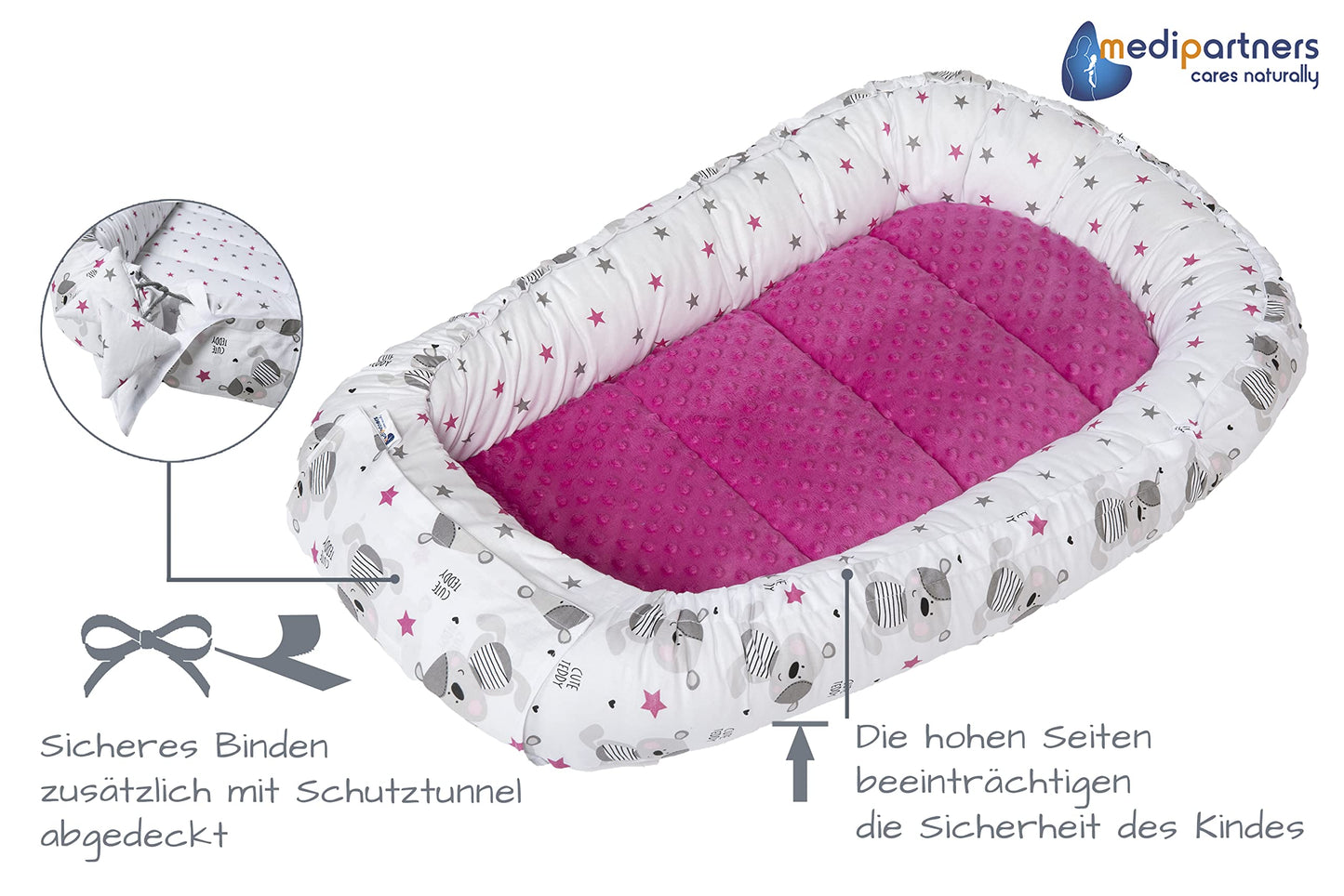 Medi Partners Babynestchen Babynest Set 100x60x15 Kuschelnest 5 teilig herausnehmbarer Einsatz Kokon Nestchen Babys Neugeborene 100% Baumwolle (REH mit Grauem Minky)