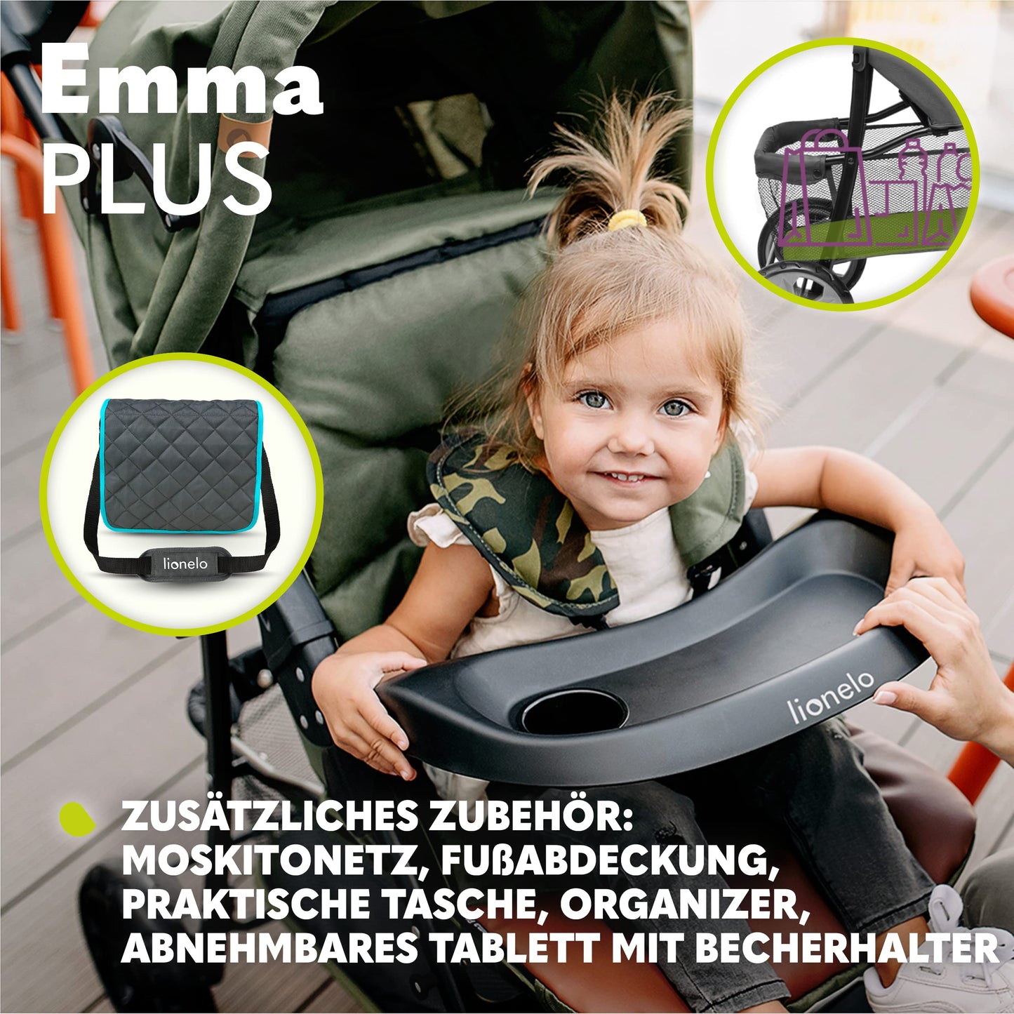 LIONELO Emma Plus Kinderwagen bis zu 15 kg, Kindersportwagen, leicht modern klein Buggy mit Liegeposition, zusammenklappbar, große Räder, großer Korb, Tasche Vivid Turkus