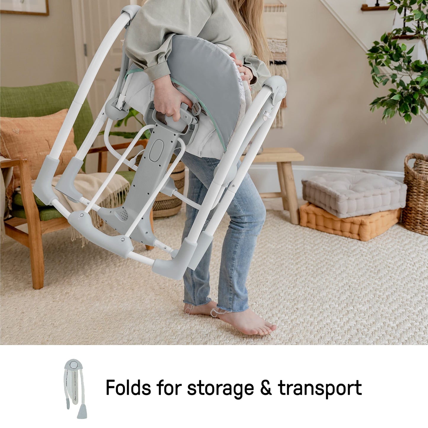Ingenuity Hugs & Hoots zusammenklappbare & tragbare Babyschaukel, 5 Schaukelgeschwindigkeiten, 8 Melodien, 3 Naturgeräusche, Lautstärkeregulierung und Spielzeugbügel, ab der Geburt bis 9kg