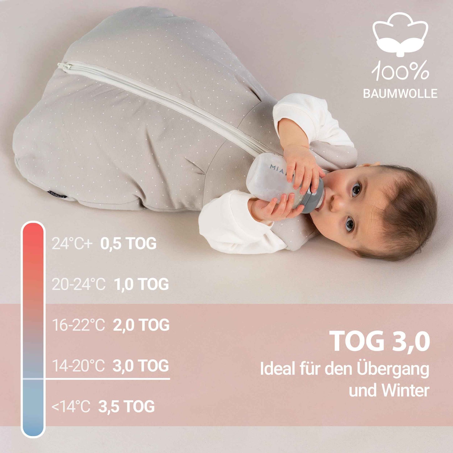 LaLoona Baby Sleeping Bag, Sleeveless, All-Year Baby Sleeping Bag (TOG 3.0) for Autumn, Winter and Transition, 100% Cotton, Oeko-Tex Standard 100 & EN 16781 Tested, Dots Beige