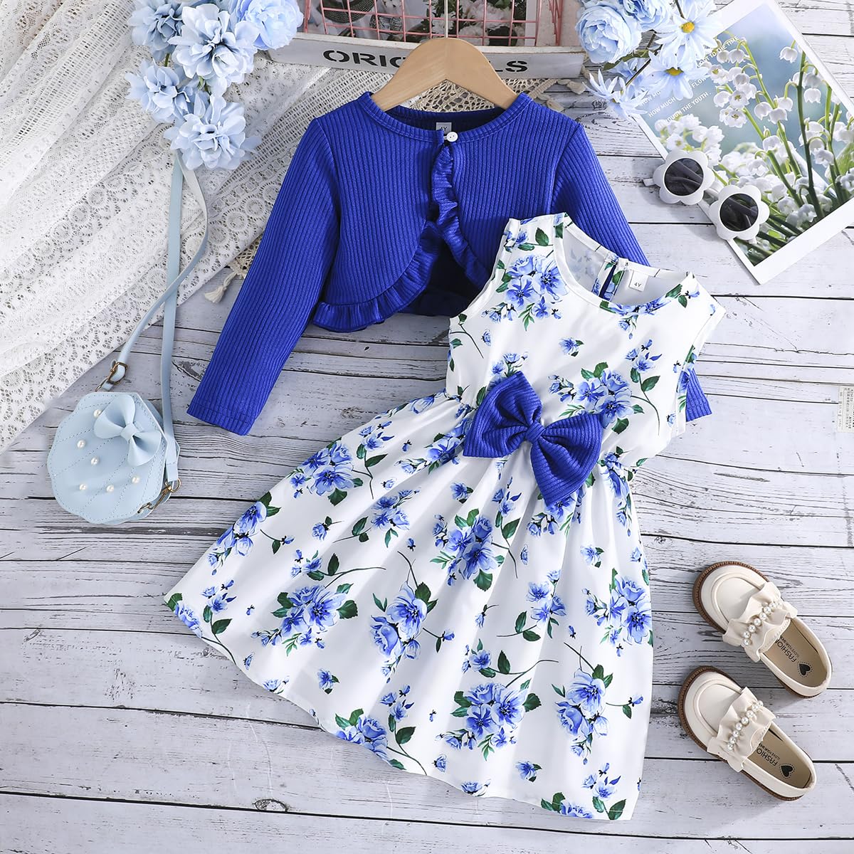 Yanmucy Kleine Mädchen Kleider mit Strickjacke Sets Baby Mädchen Kleider Kleinkind Kinder Langarm Ruffle Mantel Mädchen Kleidung für 2-8 Jahre