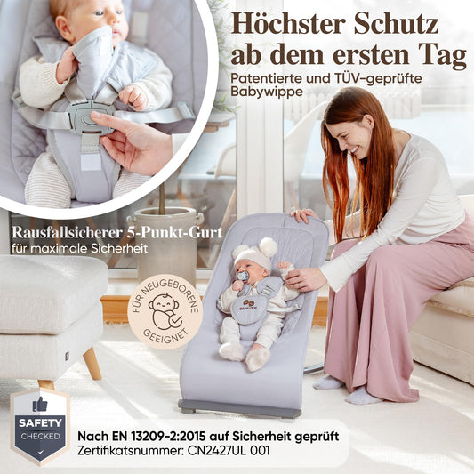 BärenTatze Baby Rocker Newborn from Birth, Ergonomic, Height Adjustable with Play Arch and Storage Bag, Baby Swing, Baby Bouncer, Swing, Cradle, Rocker, Gray Quilted Pattern