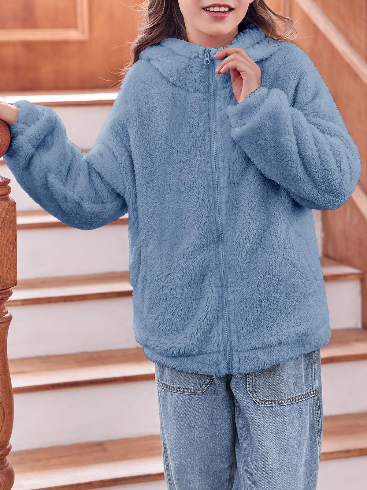 Haloumoning Girls' Fleece Jackets Kids Soft Fuzzy Hoodie Winter Coat Jacket