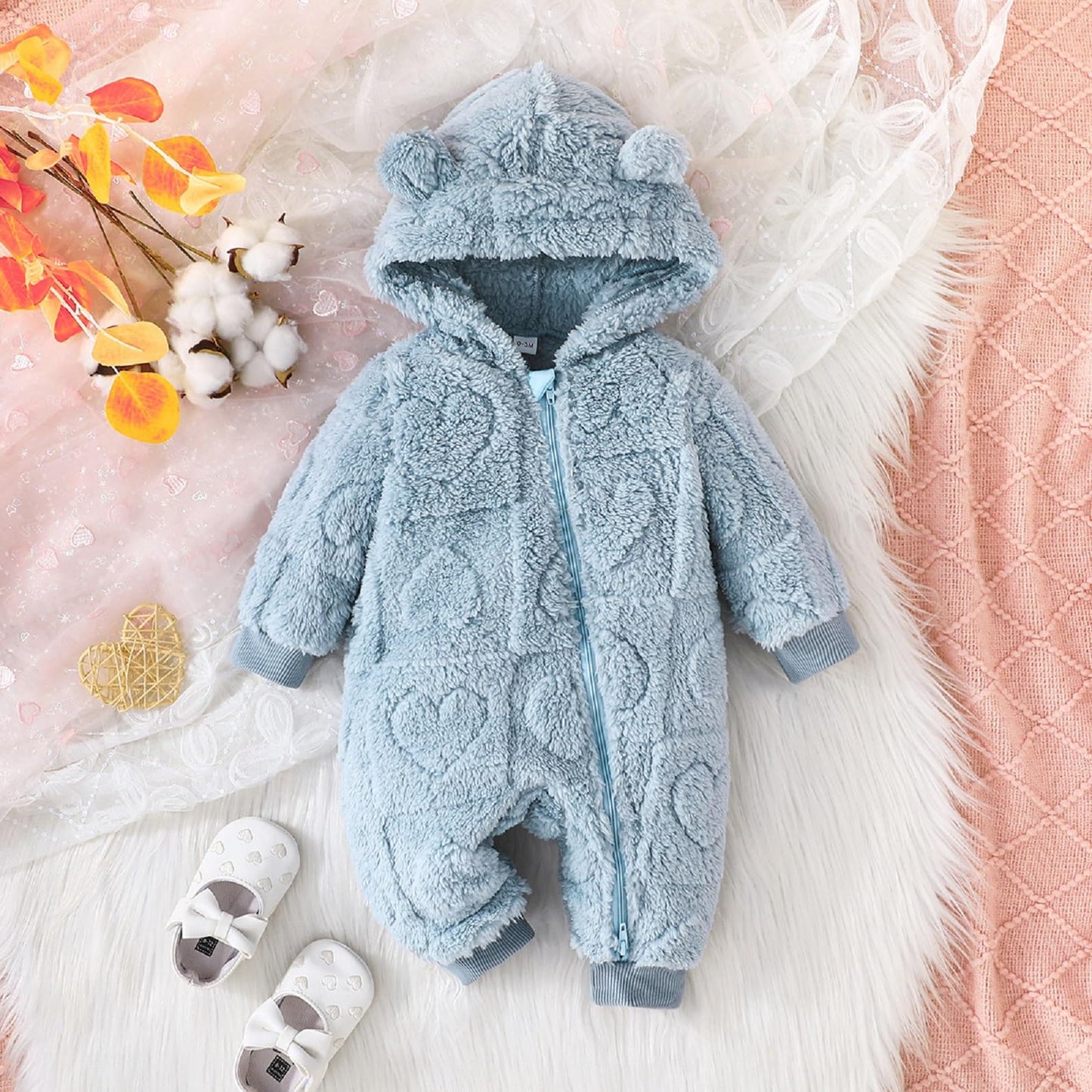 Winmany Newborn Baby Winter Snowsuit Bear Fleece with Hood Jumpsuit Heart Romper Winter Coat Outwear for Boys Girls