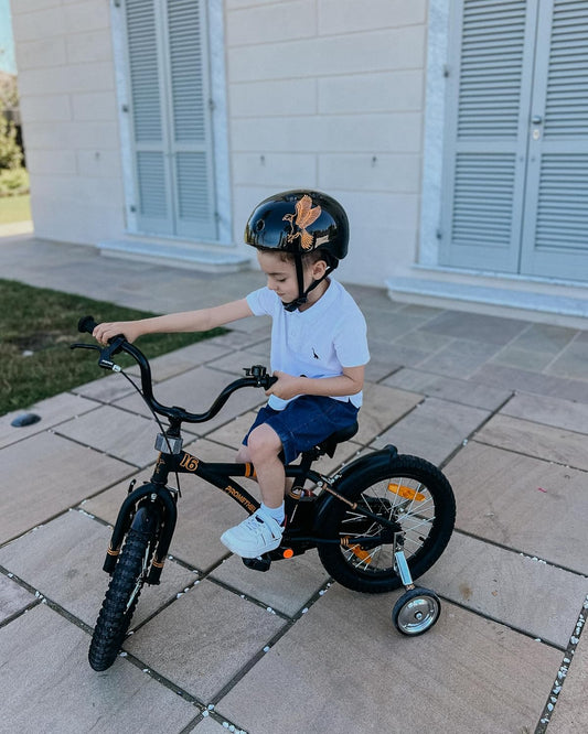PROMETHEUS BICYCLES Kinderfahrrad 16 Zoll ab 5 Jahren - Kinder Fahrrad Mädchen Jungen Fahrrad Kinder mit Stützräder Rücktrittbremse in Schwarz Matt Orange - Meloni2