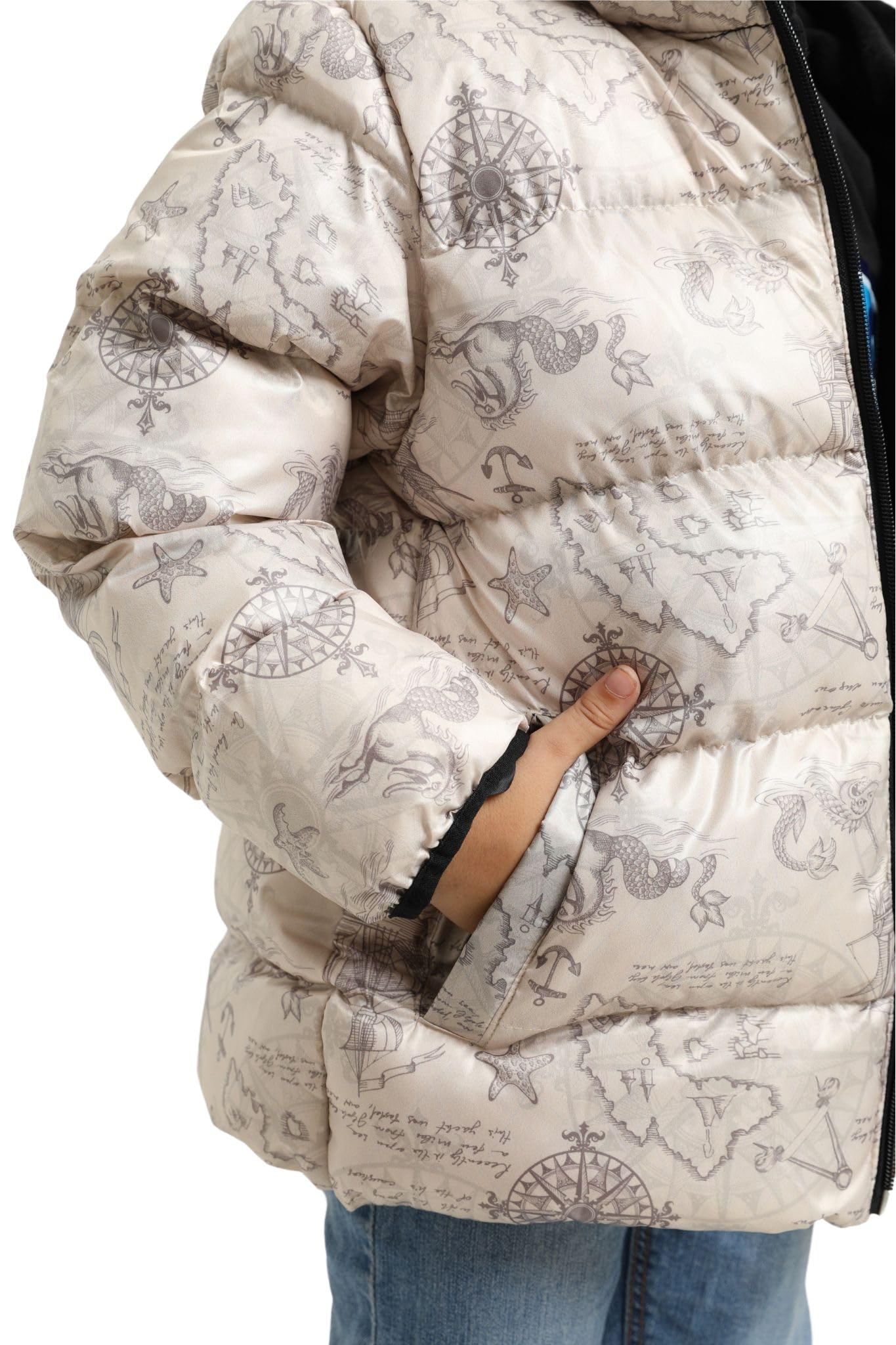 Generic Waterproof Kids Winter Jacket with Hood Insulated Boys Jacket with Compass and Ship Motifs – Lightweight and Windproof Transition Jacket