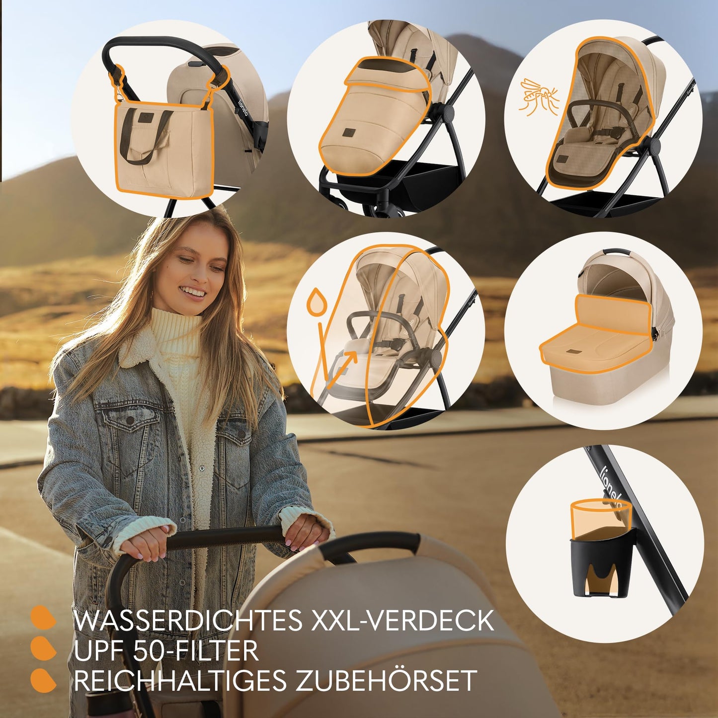 LIONELO MERIL 3-in-1 Multifunktionaler Kinderwagen 0-48 Monate Bis zu 22 kg, Babywanne bis zu 9 kg, Kindersitz bis zu 13 kg, Geländeräder 360°, Vollfederung, XXL-Verdeck mit UPF50+ - Meloni2