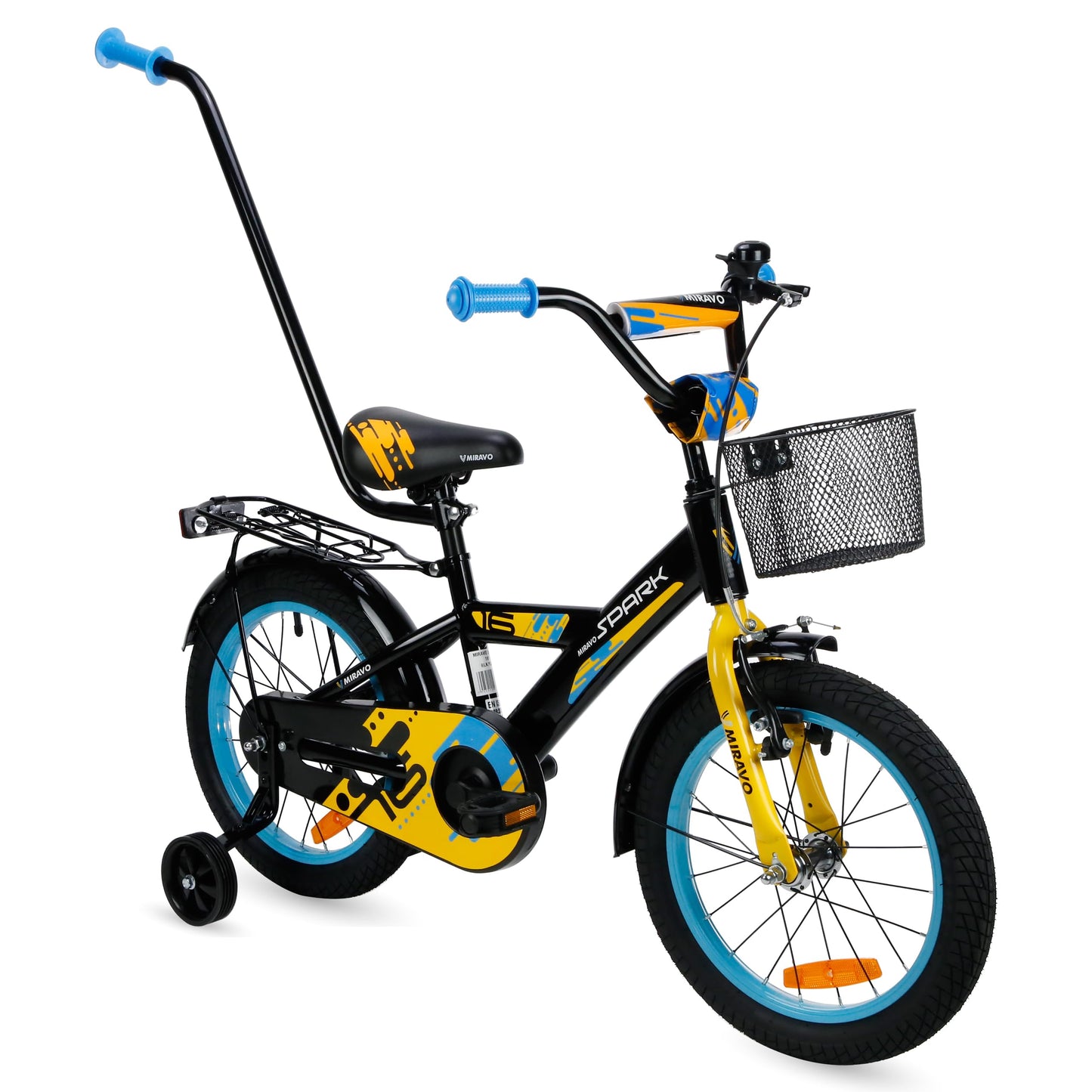 MIRAVO Kinderfahrrad Fahrrad Kinder Ab 2 Bis 8 Jahre Mit Stützrädern Schubstange V-Brake Bremsen Rückstrahl Aufkleber 12 16 20 Zoll Radgröße Korb Für Junge Spark - Meloni2