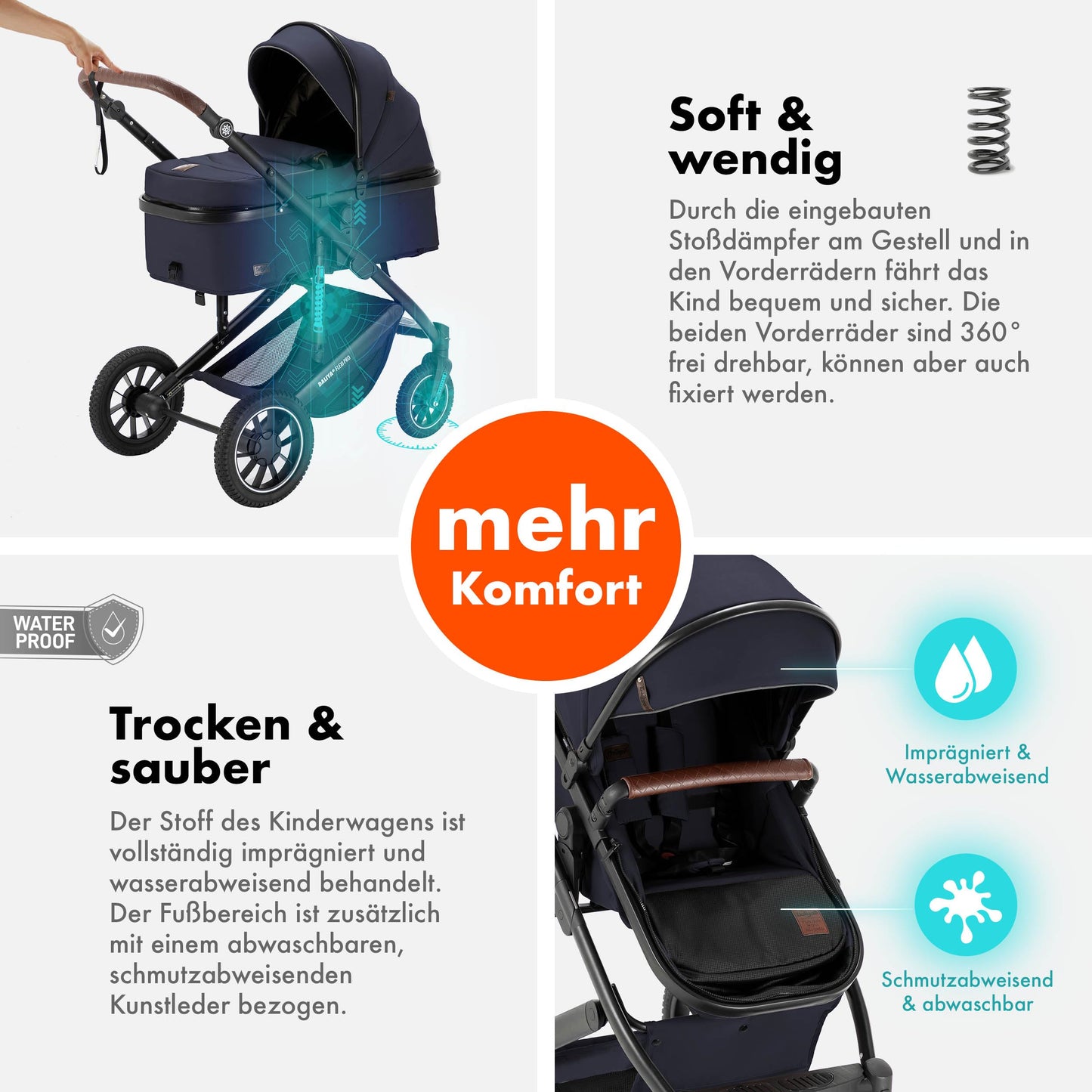 Daliya® FLEXI-PRO M 2in1 Kombikinderwagen & Buggy – XXL-Set, Reise-Kinderwagen mit Einhand-Abnahme, Wetterschutz, Sportsitz, Wickeltasche, Spieltisch, Regenschutz, dicke Matratze (Olivgrün)