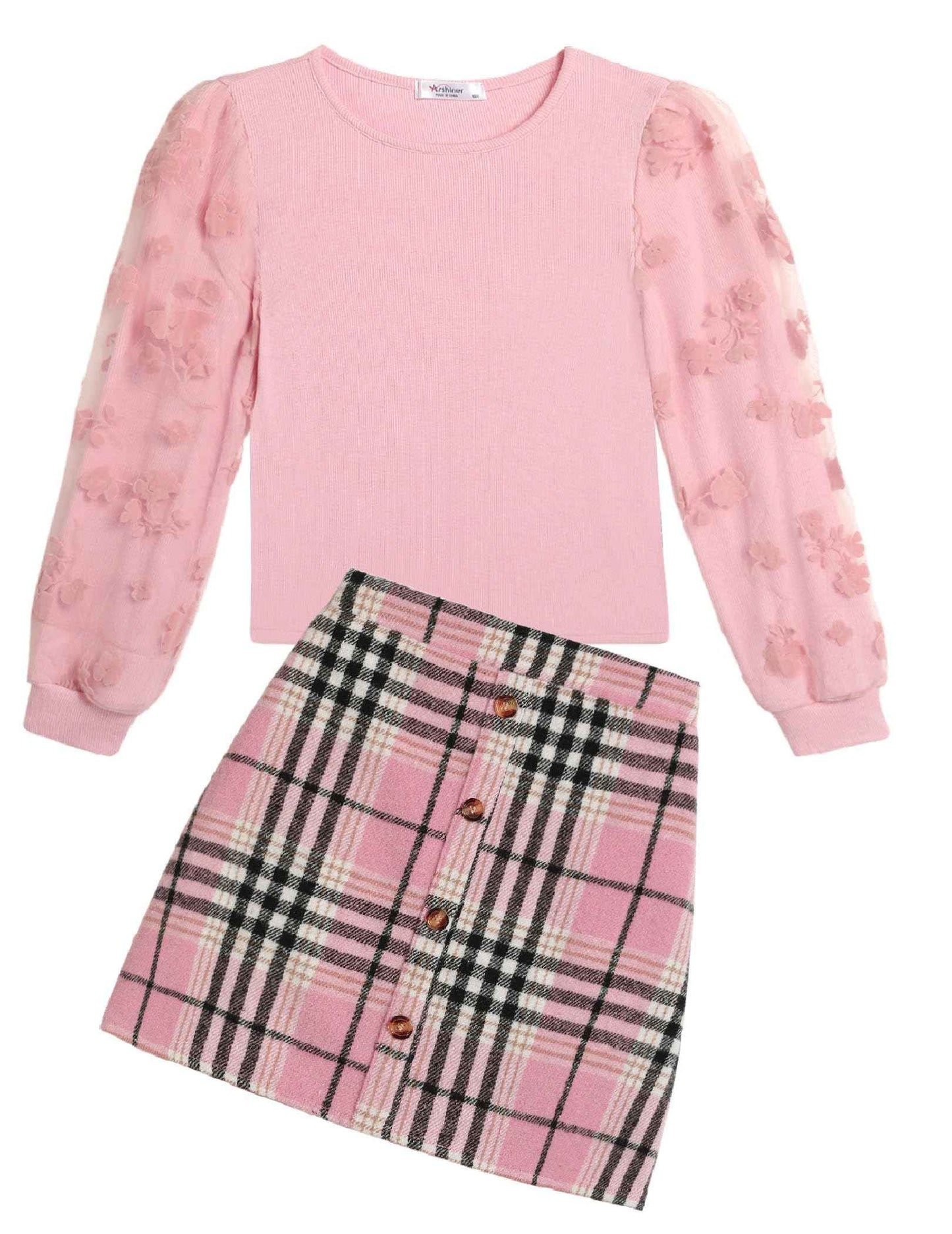 Arshiner Girls' Clothing Sets Elegant Long Sleeve Shirt with Skirt Set Children's Autumn Winter Outfit Checked Leisure Fashion Two Piece Clothing Sets for Girls 5-13 Years